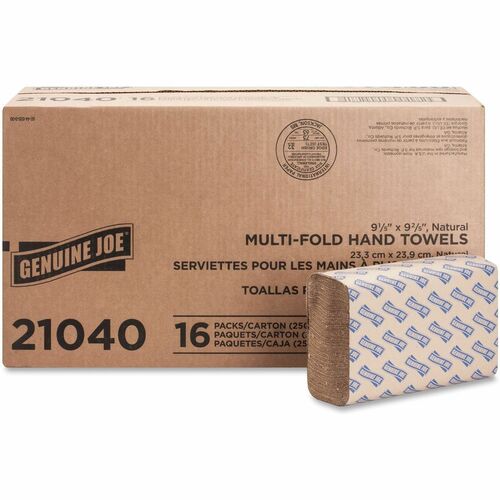 Multifold Paper Towel, 1 Ply, 9.25" Width x 9.40" Length - embossed design - Natural - Paper, Fiber - 250 Sheets/Pack, 16/CS