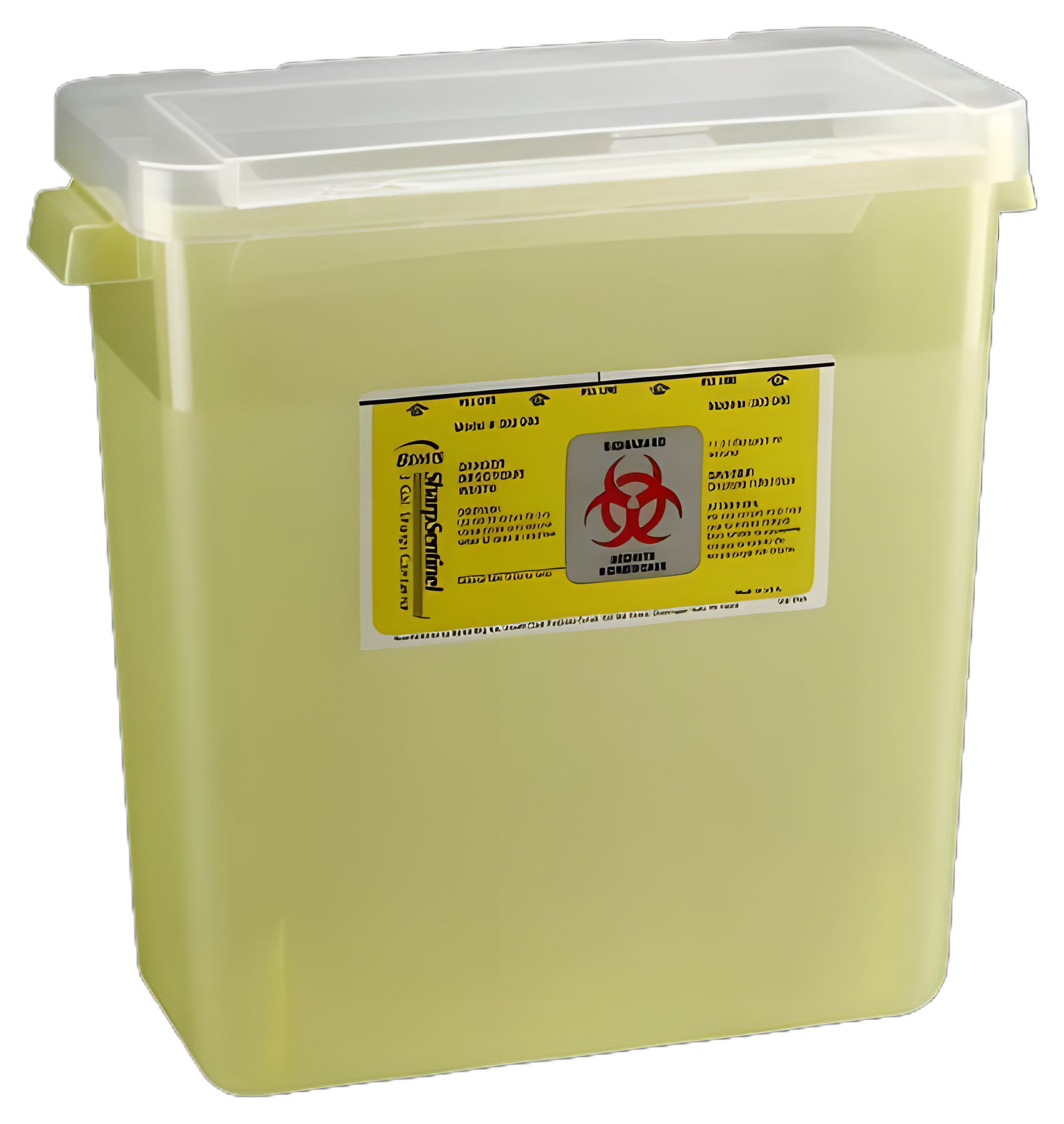 Sharps Container Bemis™ Sentinel Translucent Yellow Base 13-1/2 H X 13-7/8 L X 6-7/8 W Horizontal Entry 3 Gallon