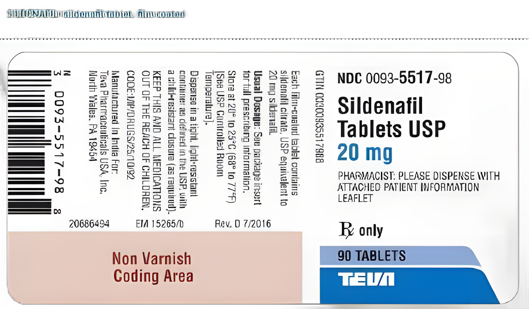 Sildenafil Citrate 20 mg Tablet Bottle 90 Tablets - 00093551798