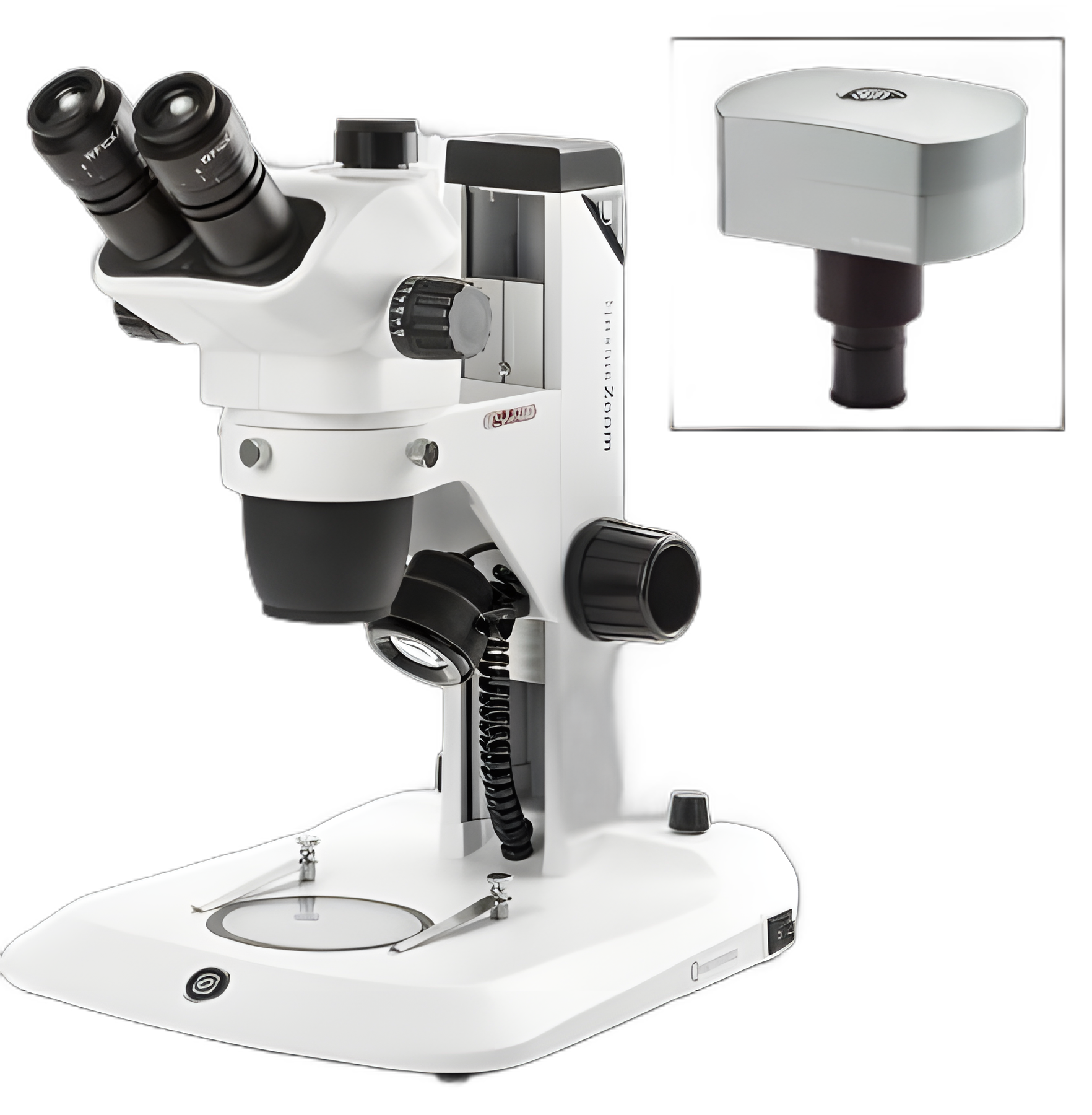 Nexius Zoom EVO Stereo Microscope Bundle Trinocular Head Plan Achromatic 0.65X to 5.5X Zoom with Clip Stops 120 to 240VAC Plain Stage with Clips and Clear Plates - ENZ-1703-S-DC18