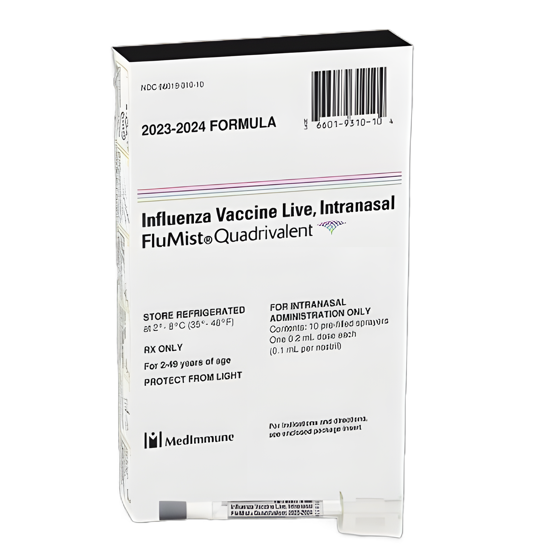 FluMist® Quadrivalent 2023 - 2024 Flu Vaccine 10E6.5 - 7.5 FFU Indicated for People 2 to 49 Years of Age Intranasal Sprayer 0.2 mL