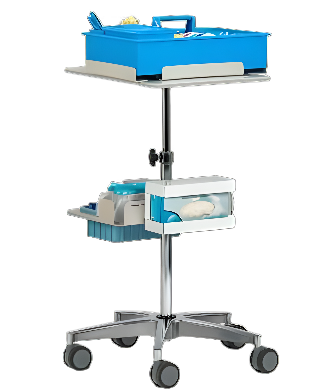 Phlebotomy Cart Clinton Industries 16 X 20.5 X 26.5 Inch Two, mid-height, storage compartments featuring: one, storage tray with two, plastic, storage bins and a drop-in, large, plastic bin