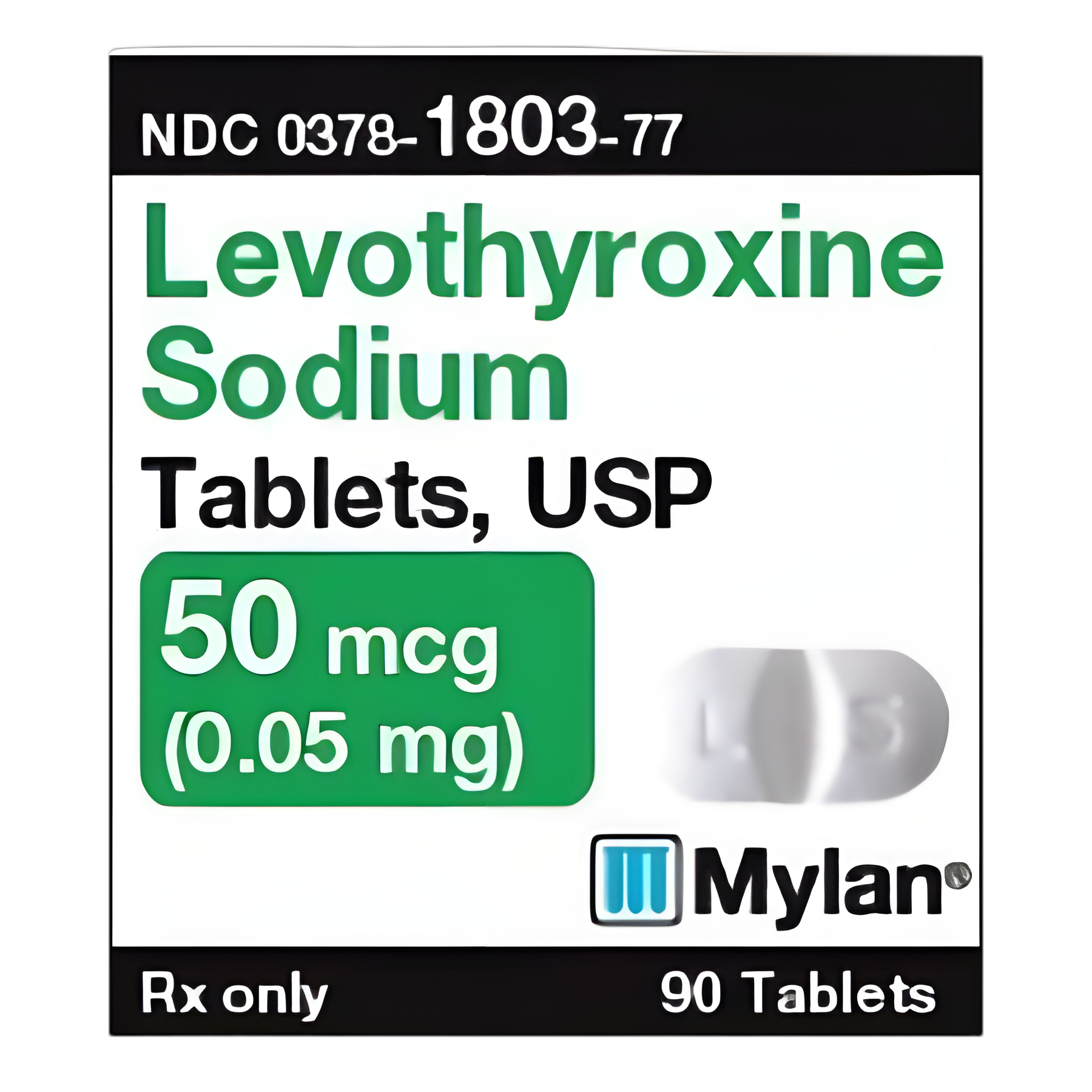 Levothyroxine Sodium 50 mcg Tablets by Mylan Pharmaceuticals - Bottle of 90