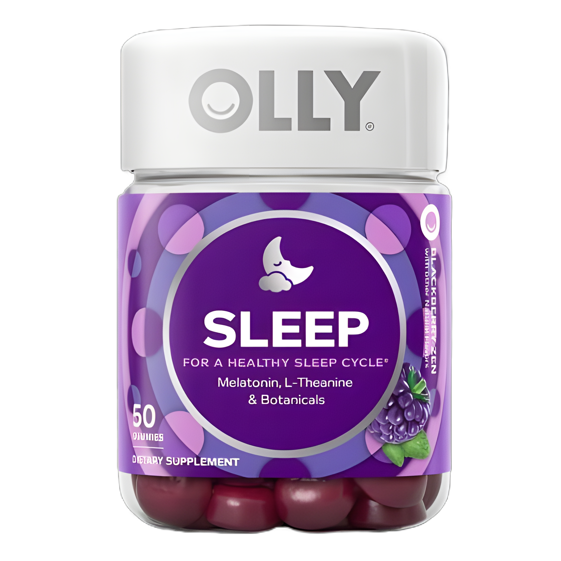 Dietary Supplement OLLY® Sleep L-Theanine / Melatonin / Botanicals 100 mg - 3 mg - 16 to 17 mg Strength Gummy 50 per Bottle Blackberry Zen Flavor