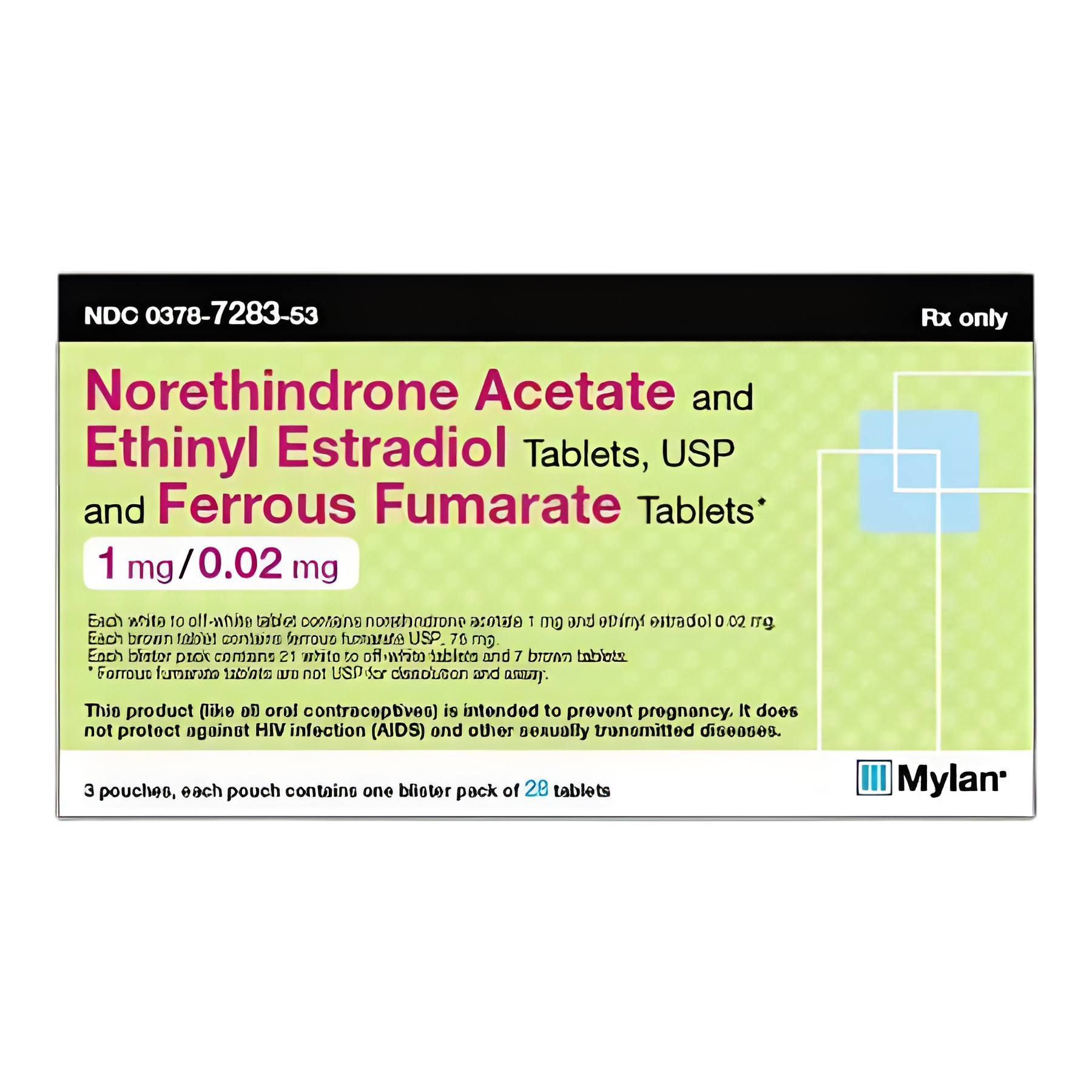Norethindrone Acetate / Ethinyl Estradiol 1 mg - 0.02 mg Oral Contraceptive Tablets by Mylan - 84 Pack