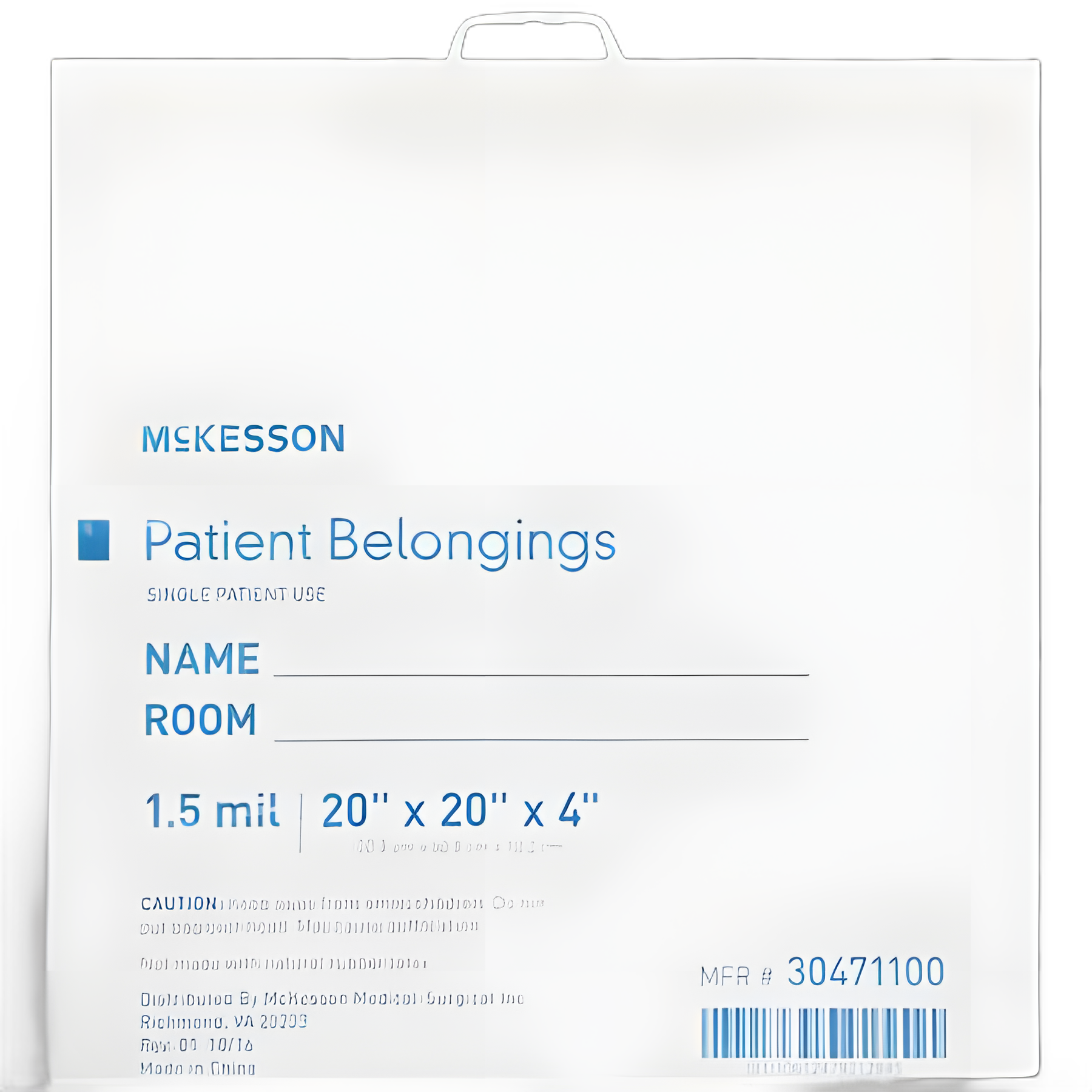 Patient Belongings Bag McKesson 4 X 20 X 20 Inch Polyethylene Snap Closure White