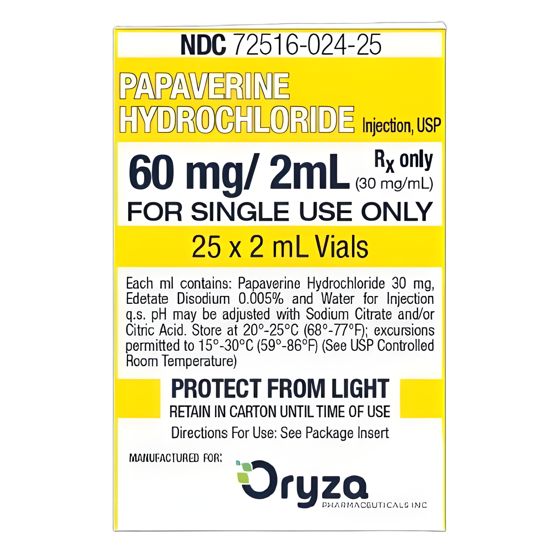 Papaverine HCl 30 mg / mL Injection Single-Dose Vial 2 mL - 72516002425