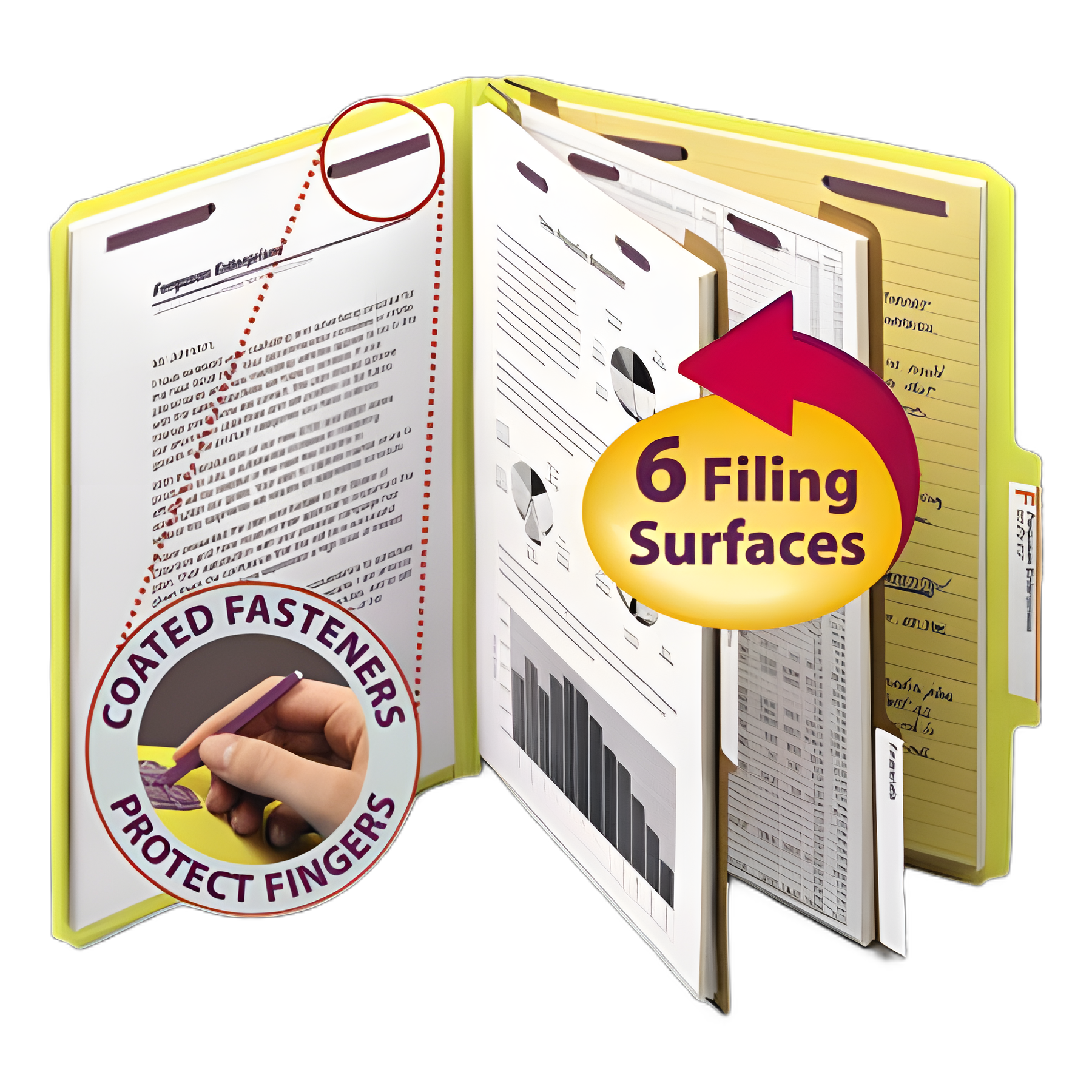 Six-Section Pressboard Top Tab Classification Folders, Six SafeSHIELD Fasteners, 2 Dividers, Letter Size, Yellow, 10/Box