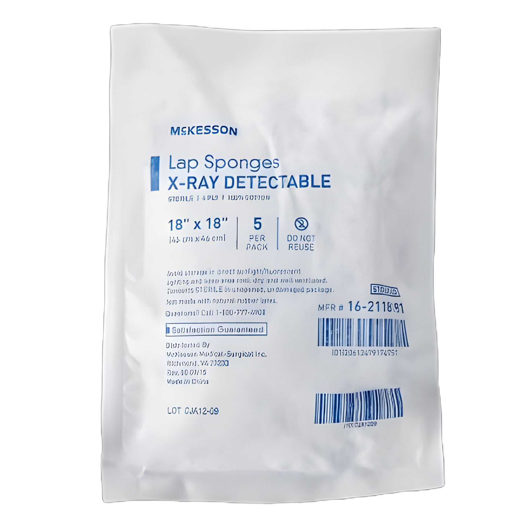 Surgical Laparotomy Sponge McKesson X-Ray Detectable Cotton 18 X 18 Inch 5 Count Soft Pack Sterile
