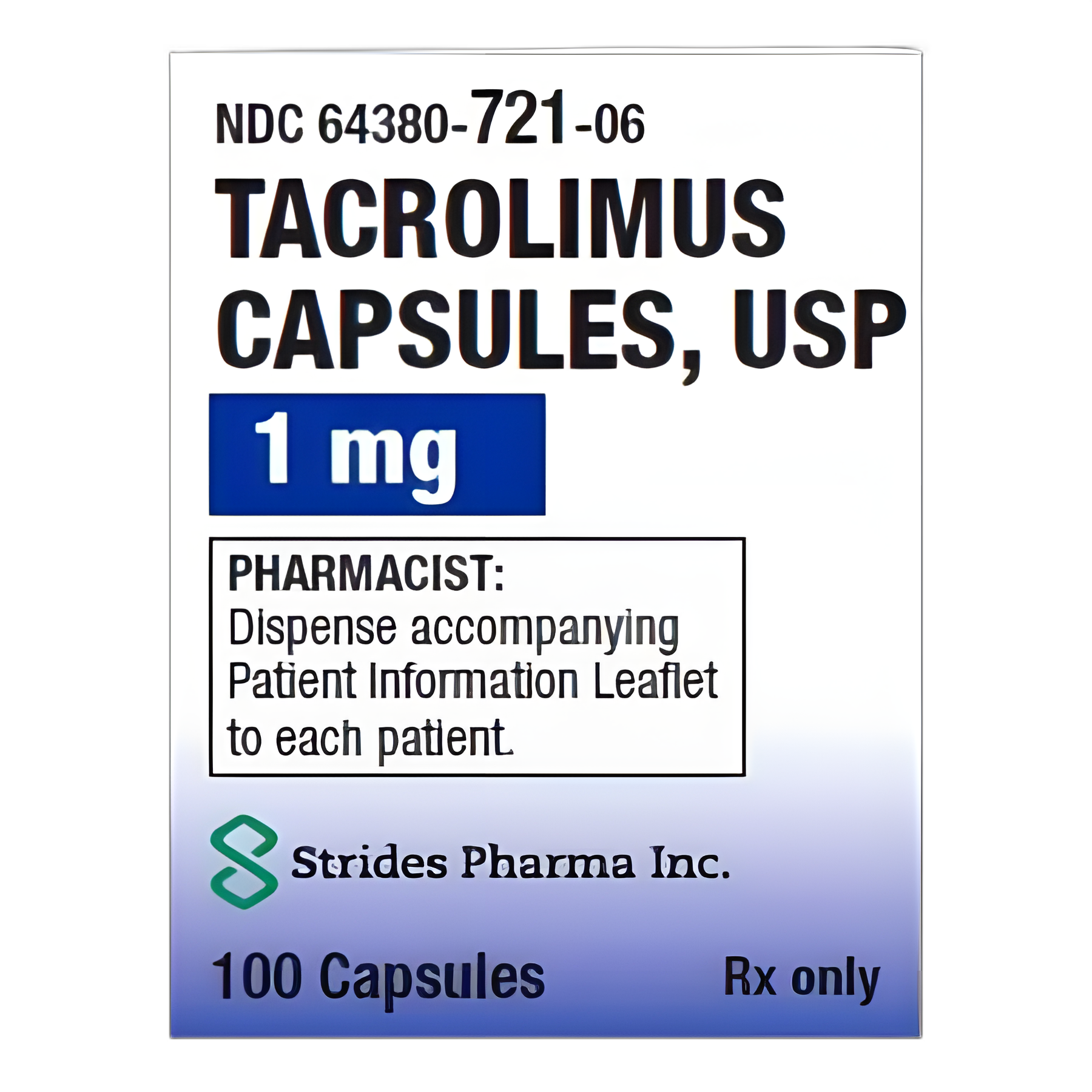 Tacrolimus 1 mg Capsules by Strides Pharma - Immunosuppressant Medication, Bottle of 100