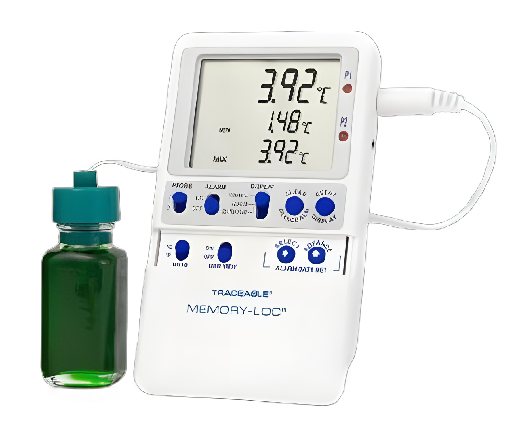 Refrigerator / Freezer Temperature Data Logger with Alarm Traceable® Memory-Loc™ Fahrenheit / Celsius -58° to +158°F (-50° to +70°C) Glycol Bottle Probe Multiple Mounting Options Battery Operated
