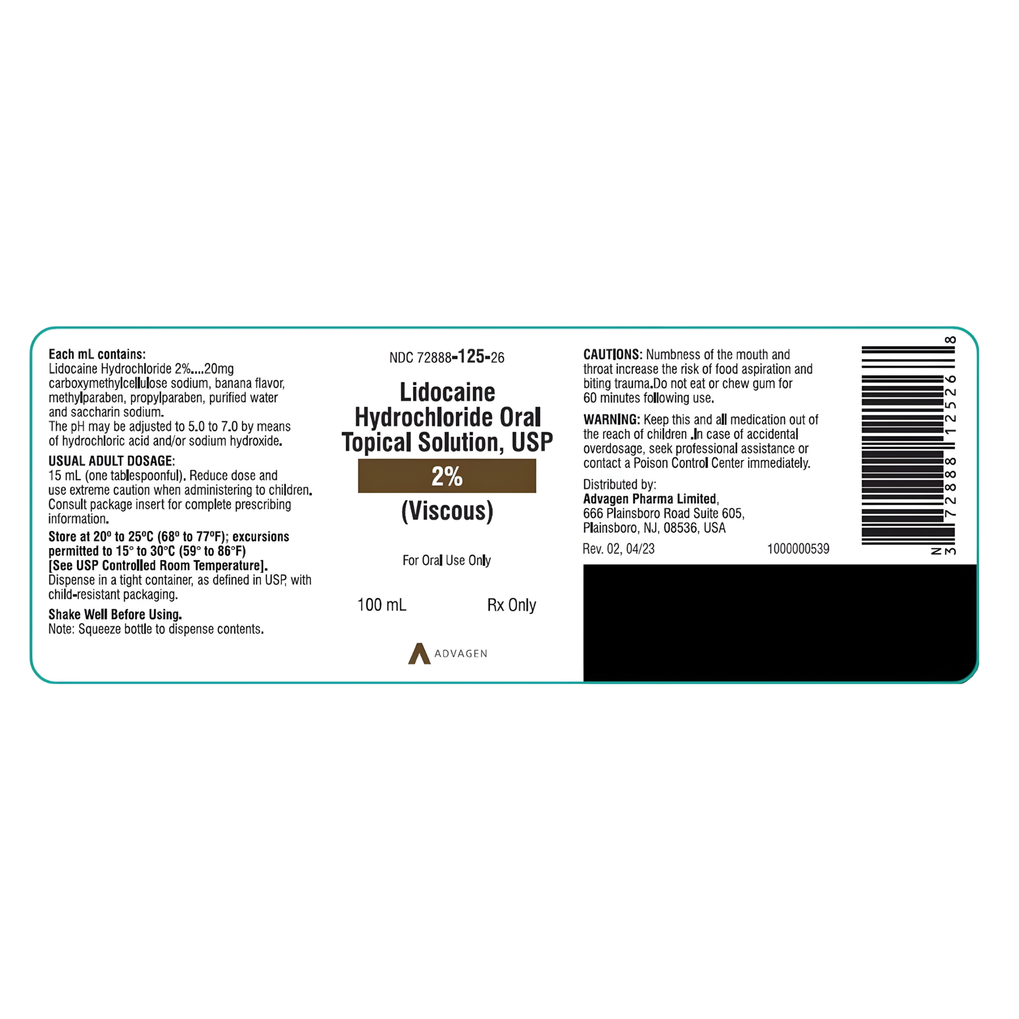 Lidocaine HCl 2% Oral Topical Solution Bottle 100 mL - 72888012526