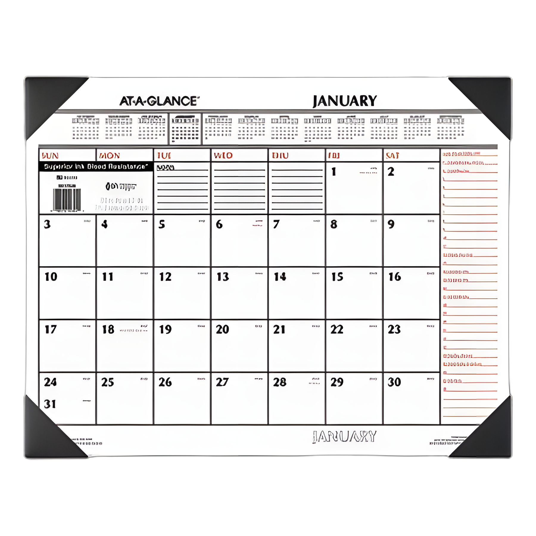 Two-Color Monthly Desk Pad Calendar, 22 x 17, White Sheets, Black Corners, 12-Month (Jan to Dec): 2024