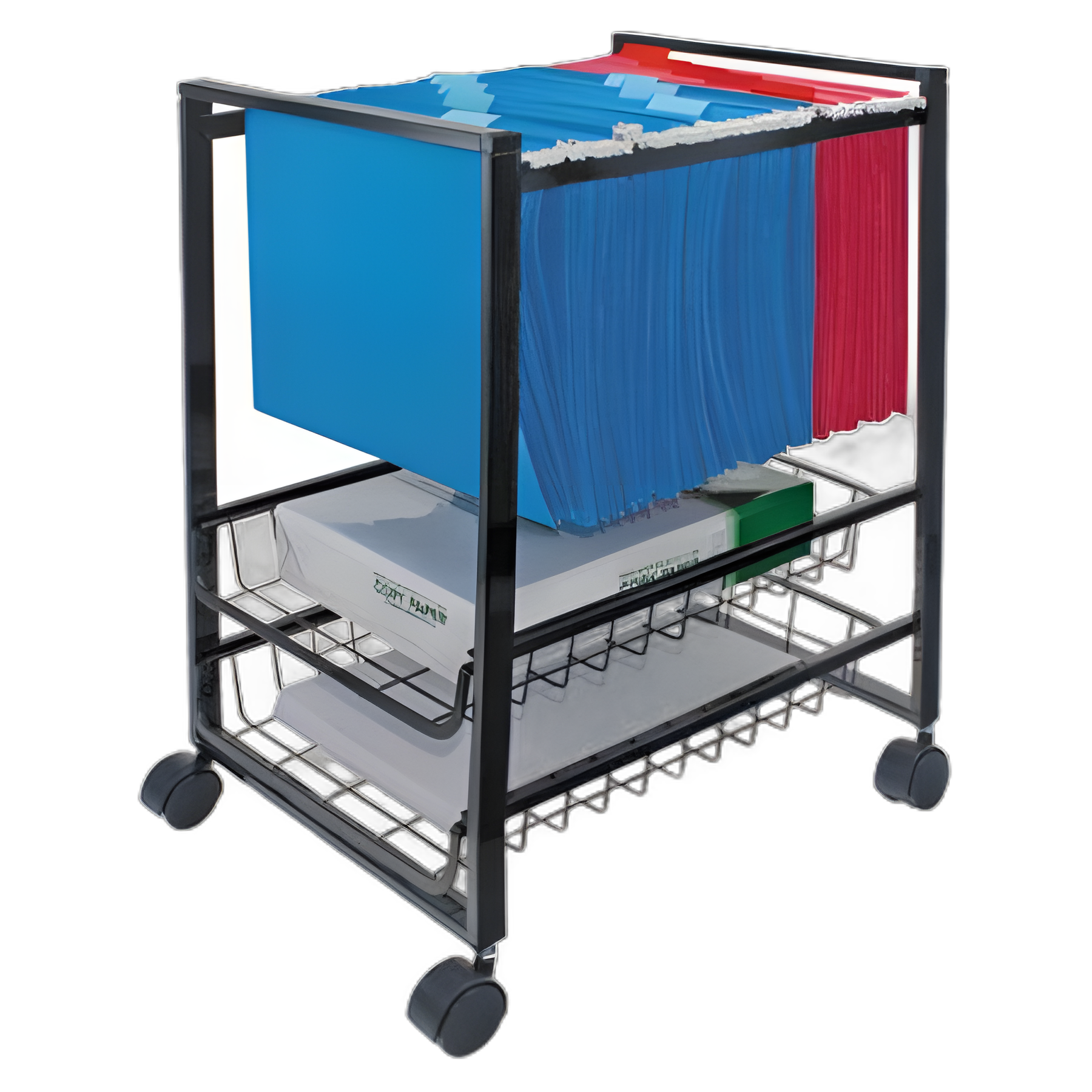 Mobile File Cart with Sliding Baskets, Metal, 2 Drawers, 1 Bin, 12.88" x 15" x 21.13", Black