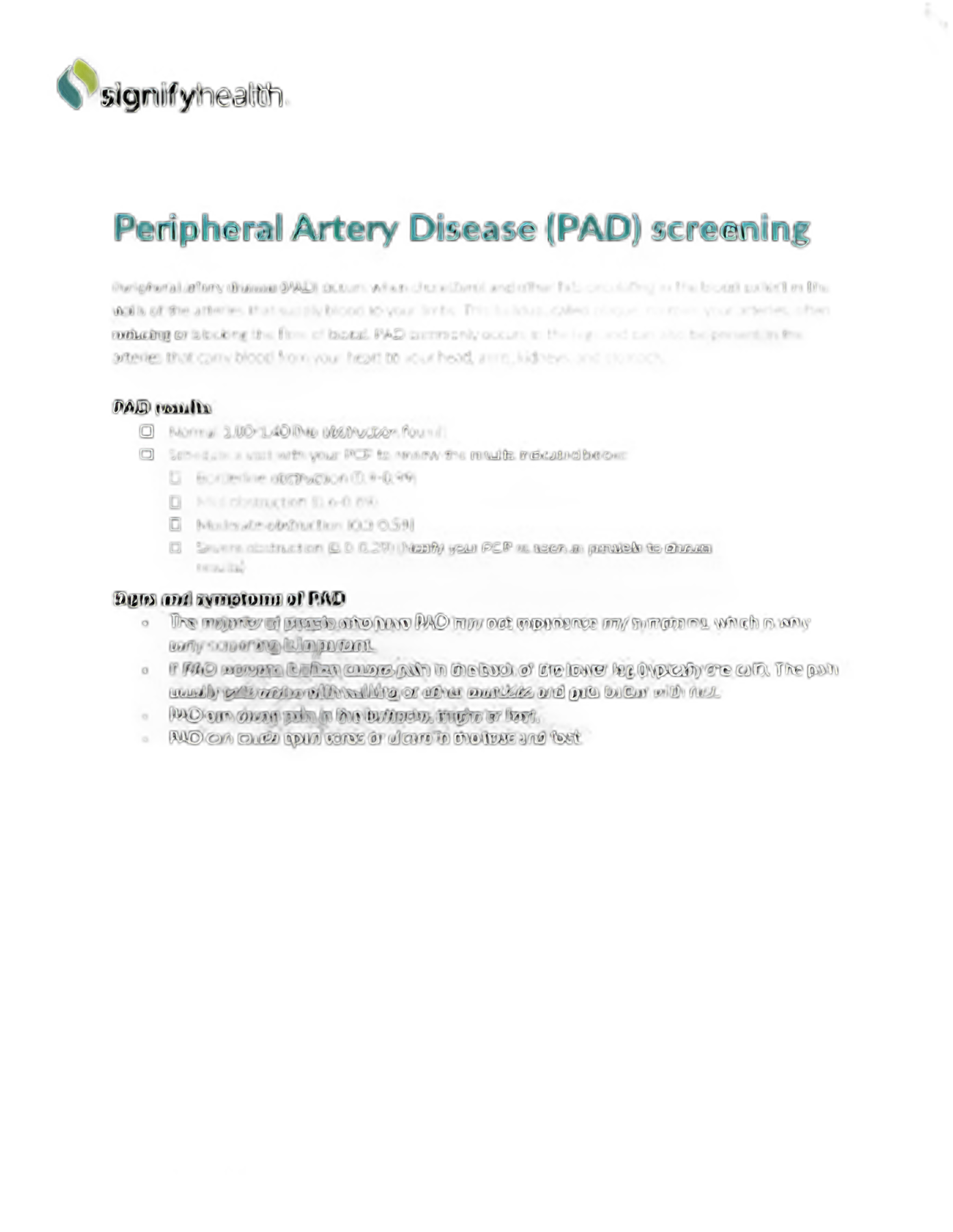Fact Sheet Signigyhealth Peripheral Artery Disease (PAD) Screening 8 X11 Inch