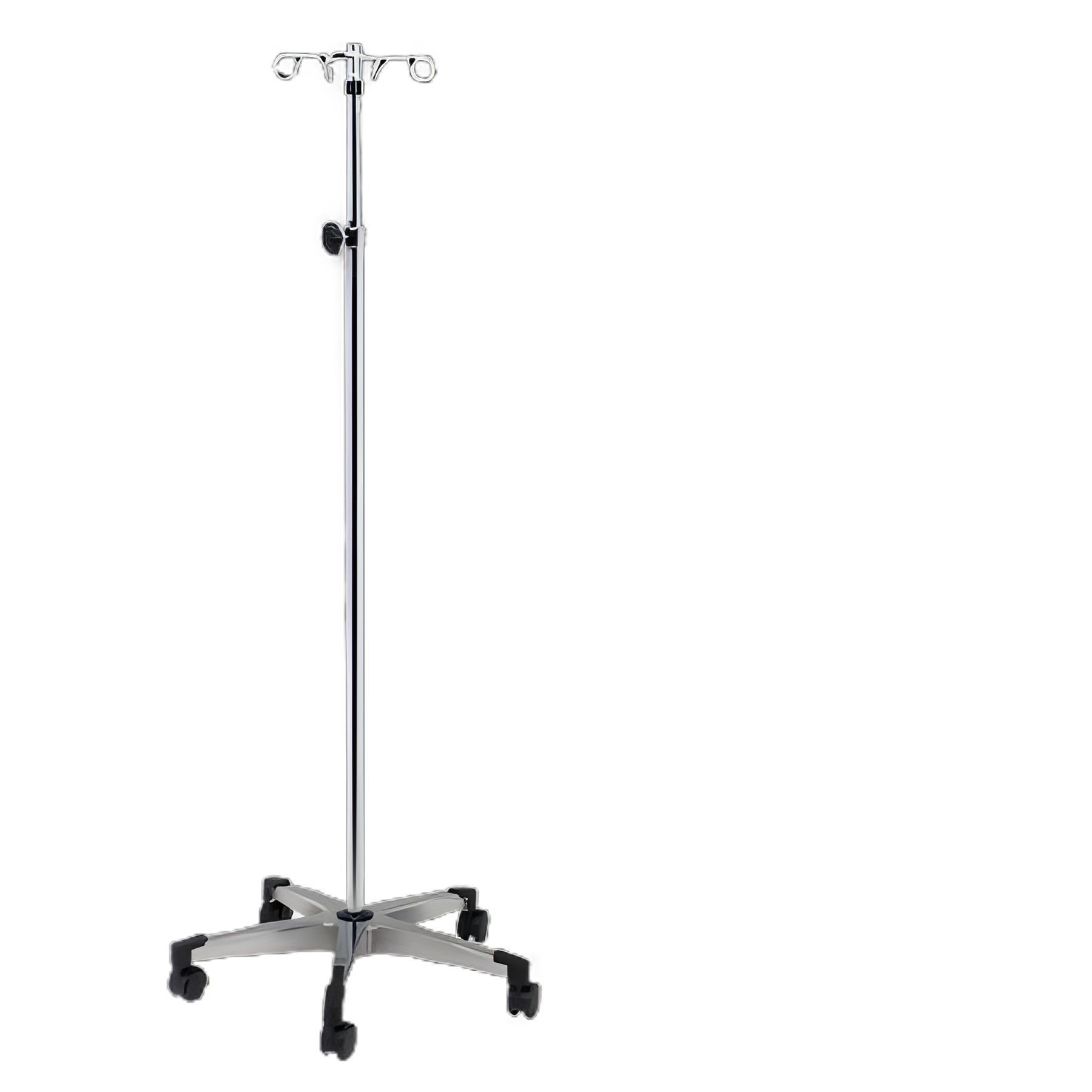 IV Pole Ram Horn Hooks 4-Hook 5-Legs, Cast Aluminum Base, Soft Roll Dual Wheel Casters, 23 Inch Base Diameter