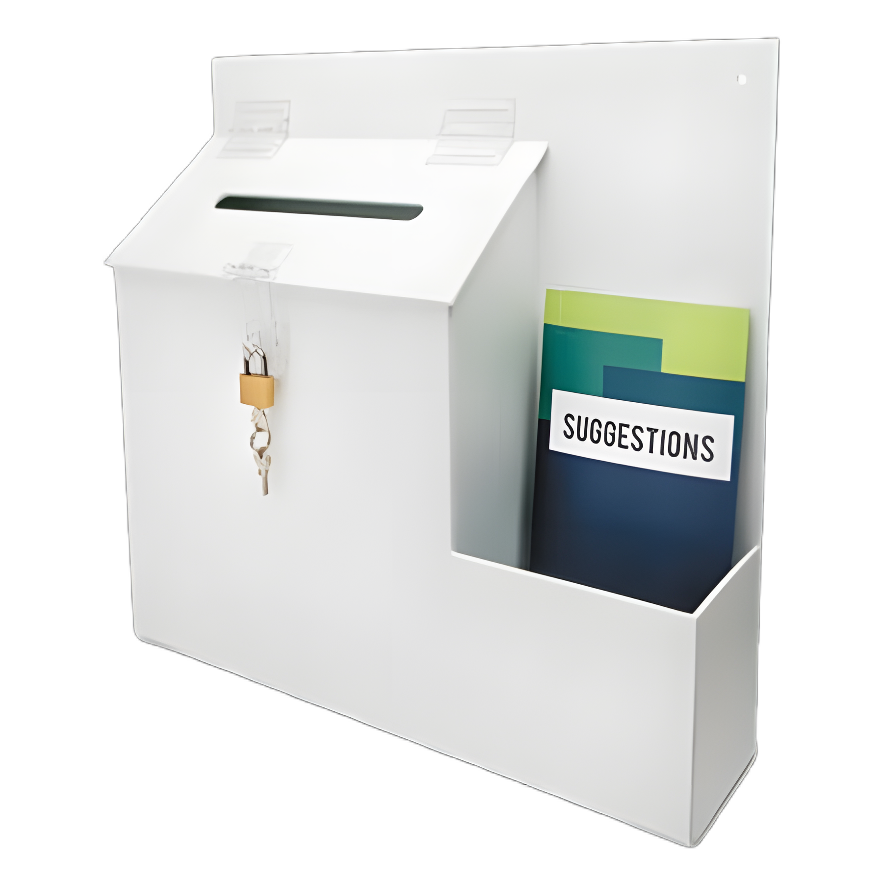 Suggestion Box Literature Holder with Locking Top, 13.75 x 3.63 x 13.94, Plastic, White