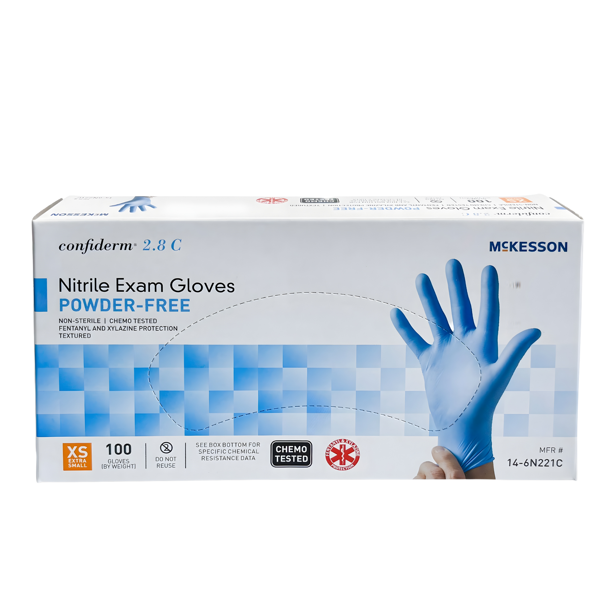 Nitrile Exam Glove McKesson Confiderm® 2.8 C X-Small NonSterile, Standard Cuff Length Textured Fingertips, Blue Chemo Tested / Fentanyl Tested, 100/BX, 10 bx/cs