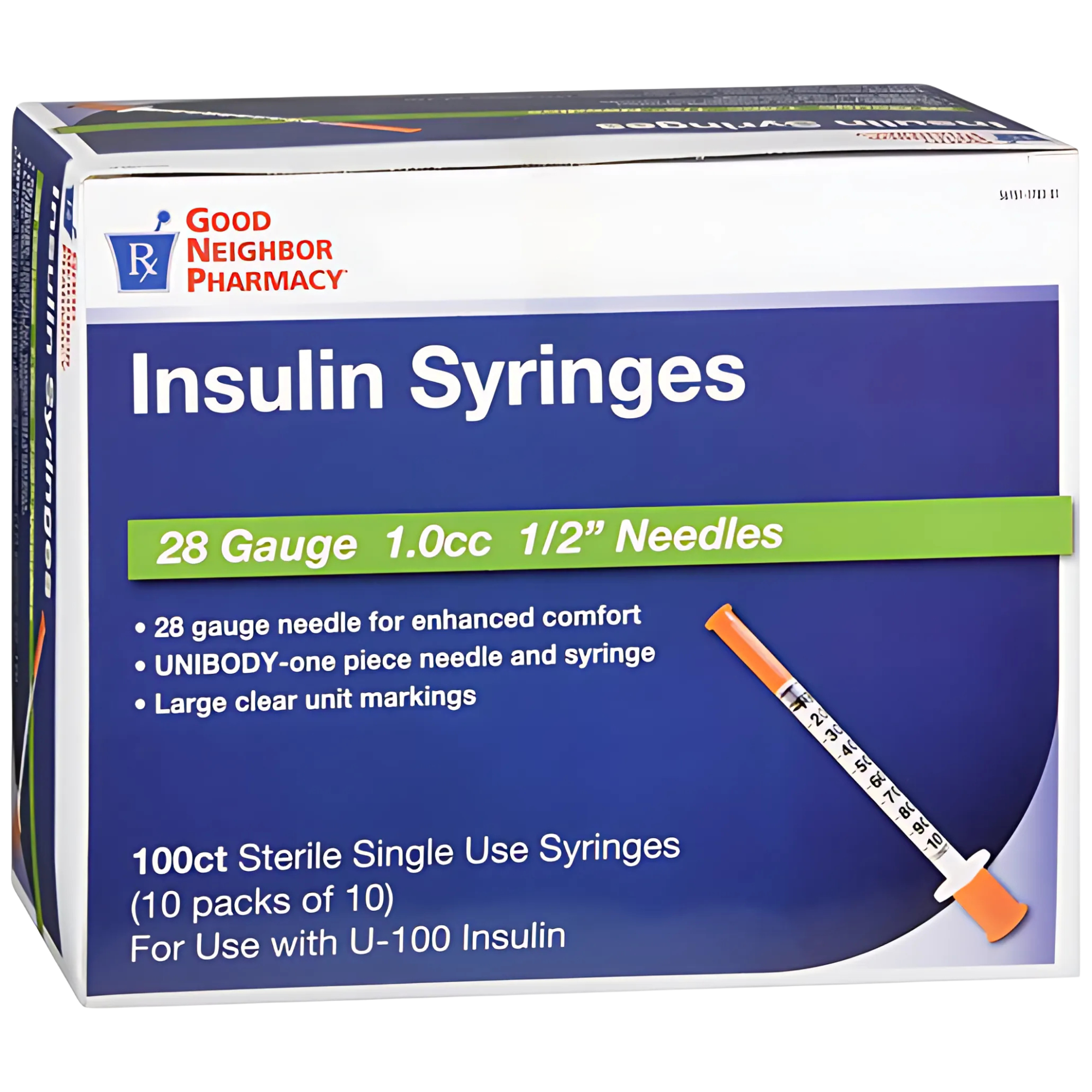 GNP 1 mL Insulin Syringe with 1/2 Inch 28G Needle - Sterile