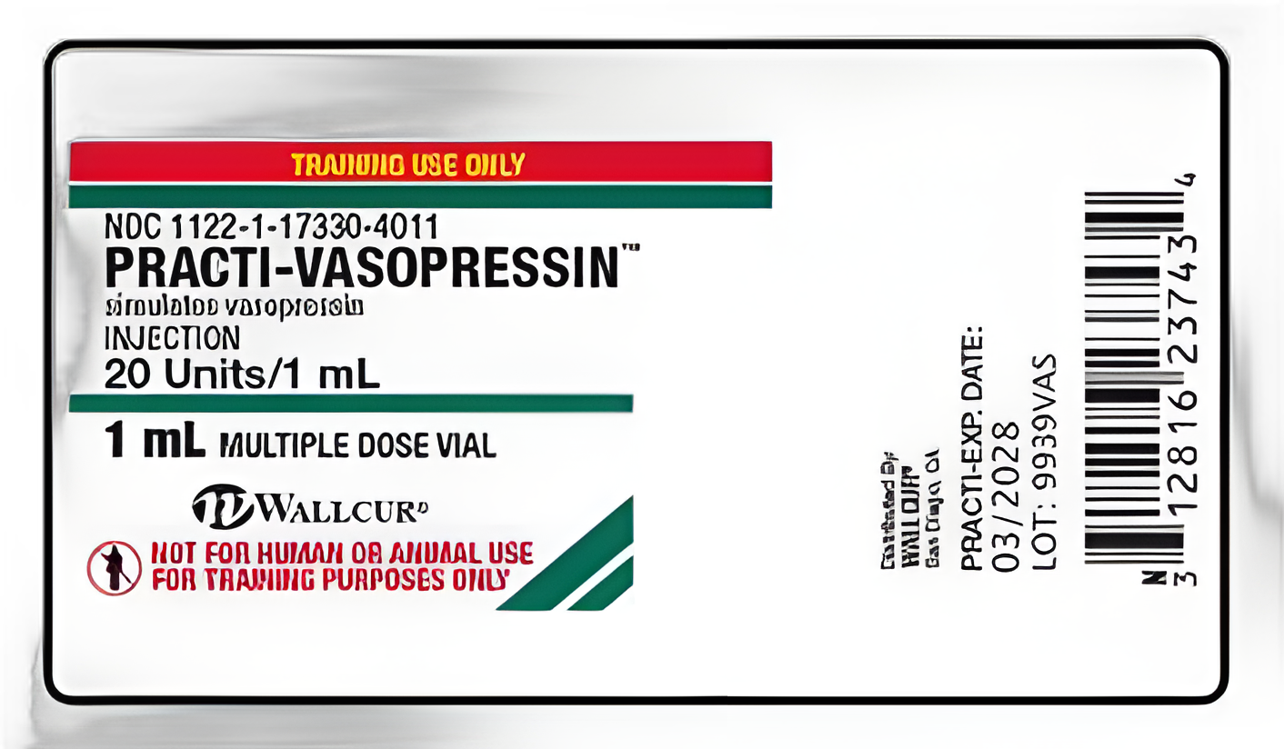 Practi-Vasopressin™ Training Medication Labels by Wallcur - Simulated Vasopressin 20 units/1 mL for Clinical Education