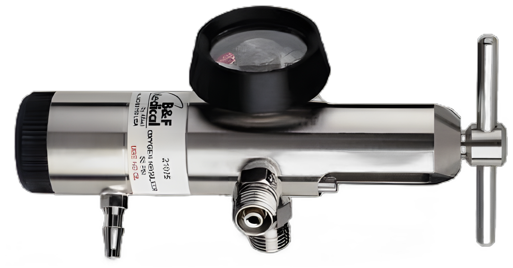B & F Medical Oxygen Regulator Click Style with Gauge and 2 Check Valves 0 - 25 LPM Barb Outlet CGA-870