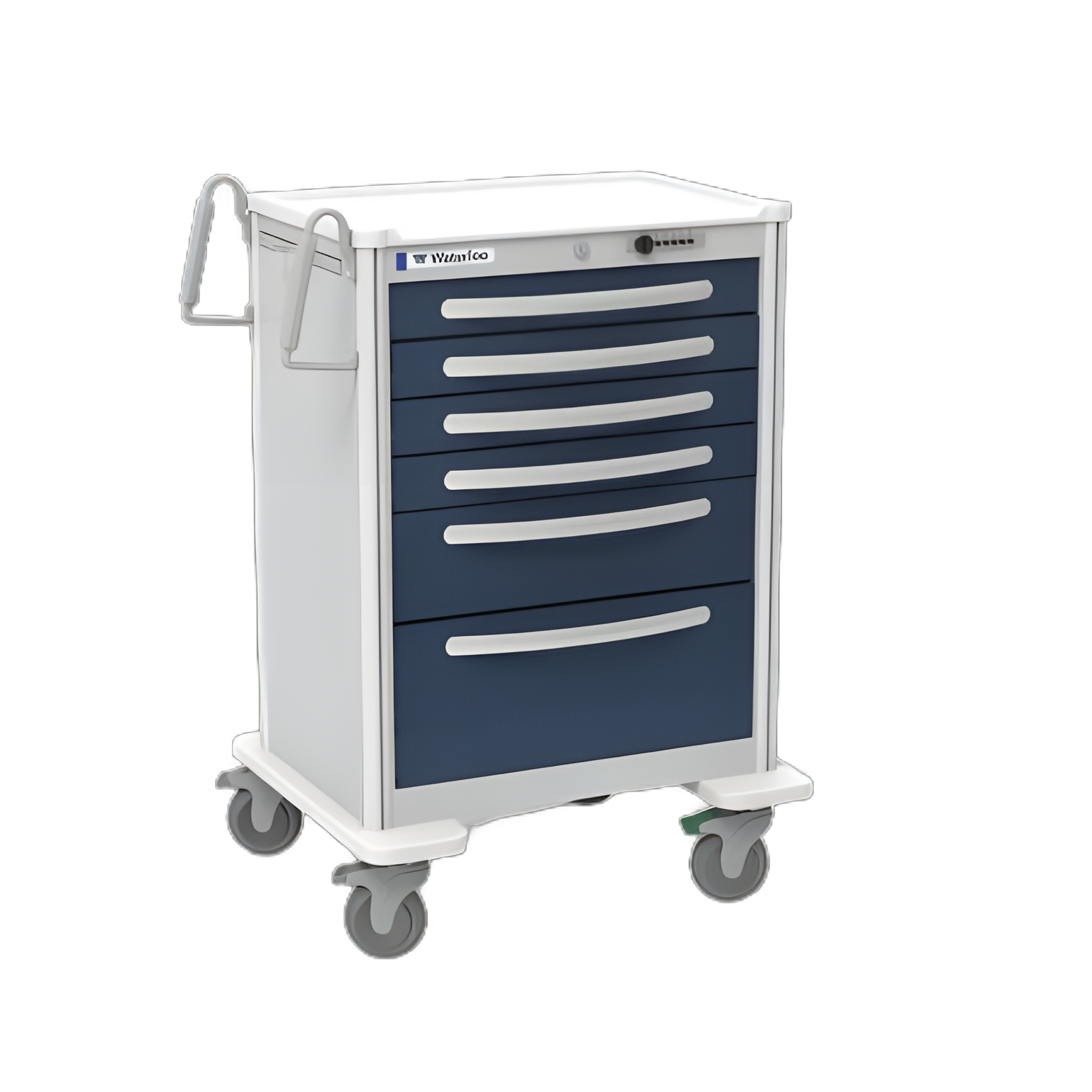 Premium Anesthesia Cart - Aluminum, 24.5 x 29 x 42 Inch in Light Gray/Dark Blue with Multiple Drawers