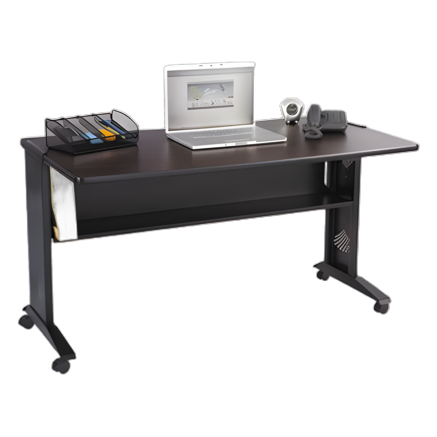 Mobile Computer Desk with Reversible Top, 53.5" x 28" x 30", Mahogany/Medium Oak/Black