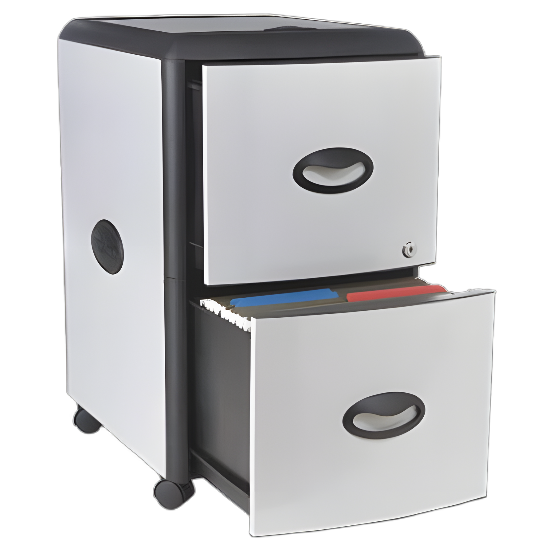 Mobile Filing Cabinet with Metal Siding and Top-Drawer Organizer Tray, 2 Letter File Drawers, Silver/Black, 19" x 15" x 23"