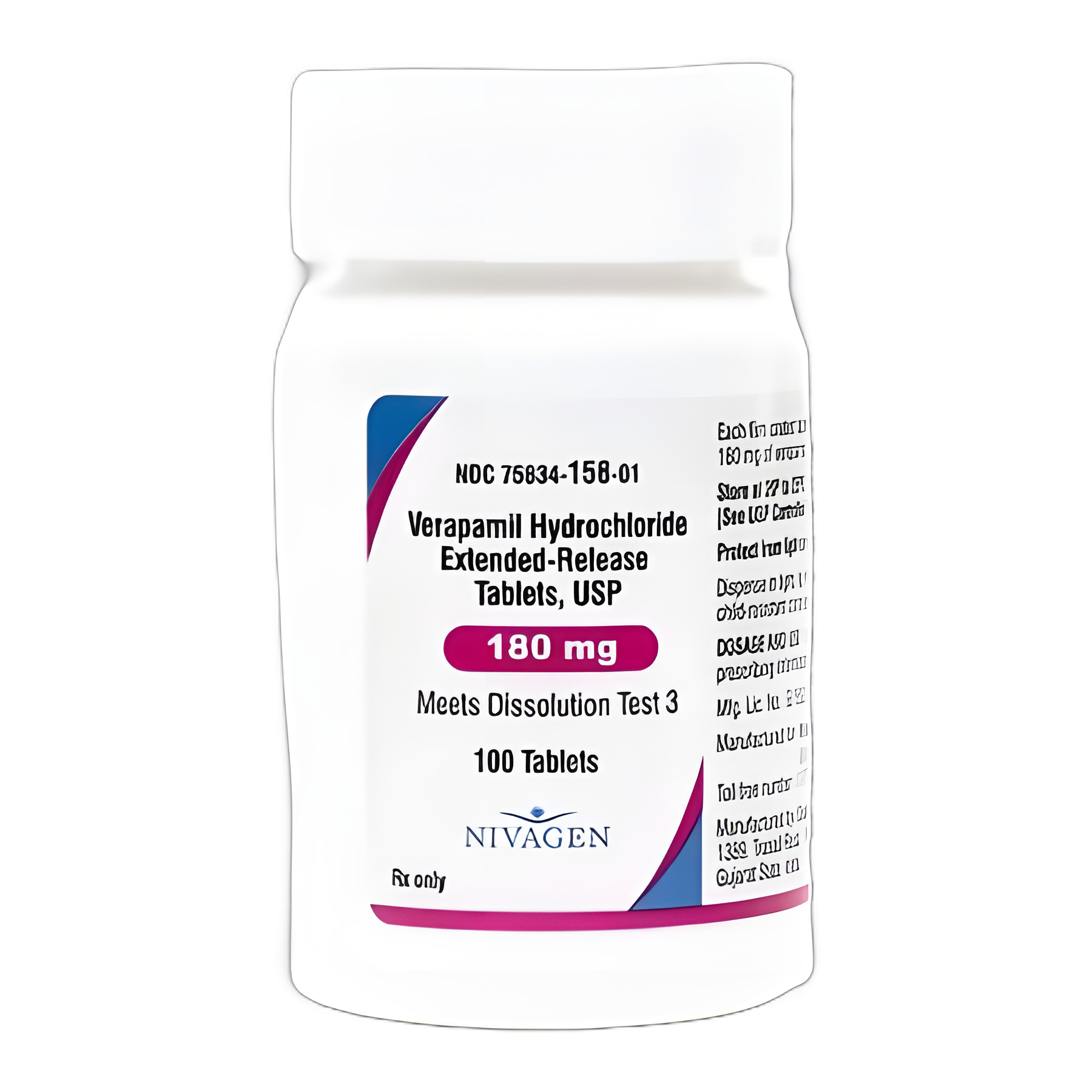 Verapamil HCl 180 mg Tablets by Nivagen Pharmaceuticals - 100 Tablet Bottle