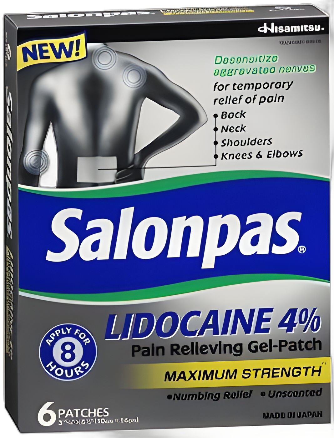 Salonpas® Lidocaine Patch 4% - Topical Pain Relief, 6 Patches per Box