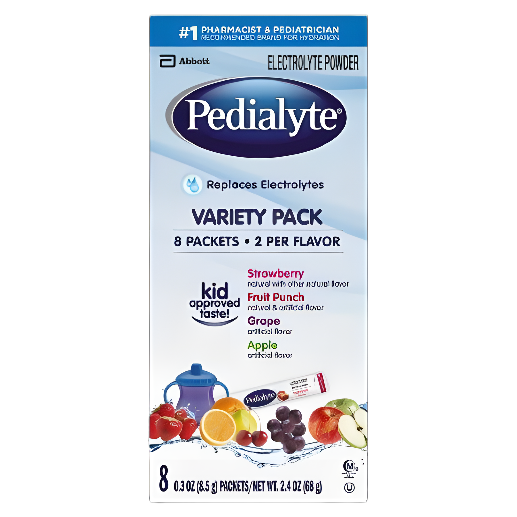 Oral Electrolyte Solution Pedialyte® Powder Packs Fruit Punch / Grape / Apple / Strawberry Flavor 0.3 oz. Electrolyte - 07007456091