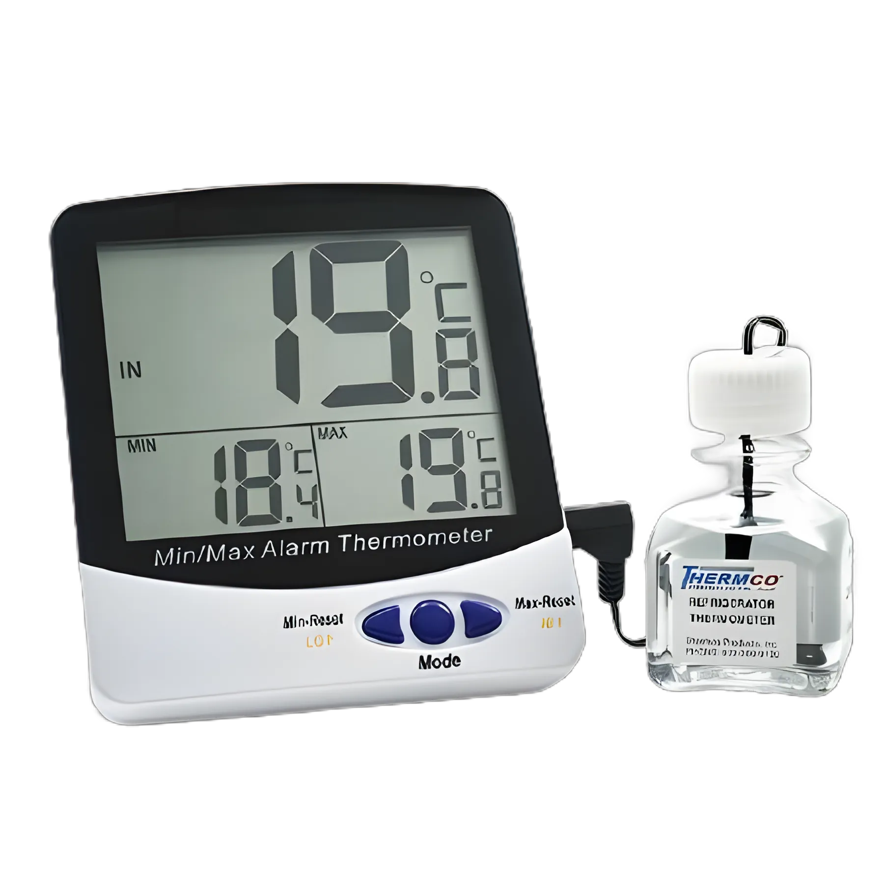 Thermco® Digital Refrigerator Thermometer with Glycol Bottle Probe and Alarm - Medical Lab Precision