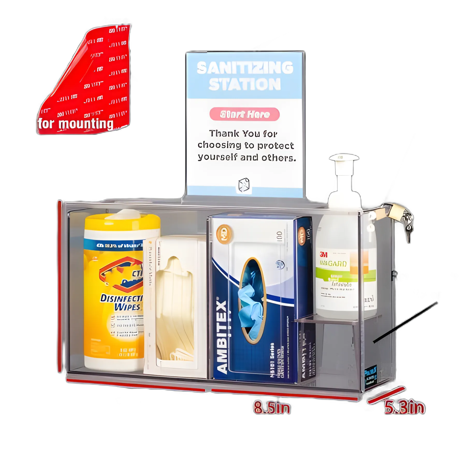 Poltex Sanitizing Station - Floor Standing, 4 Pockets, Clear, 53" Powder Coated Steel & Acrylic