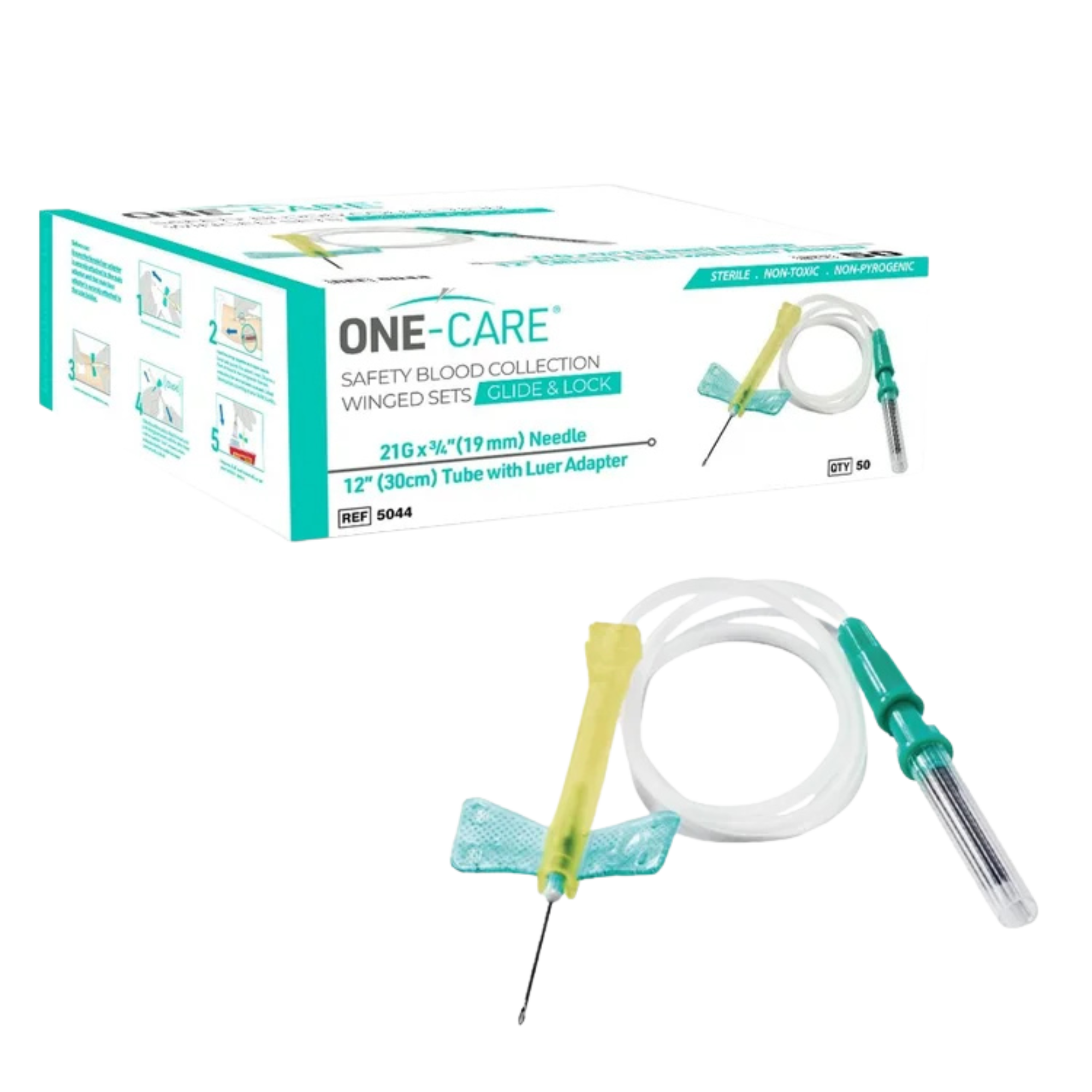GLIDE & LOCK Safety Blood Collection Wing Sets 21Gx3/4'', Green, Luer Adapter, 12'' Tube