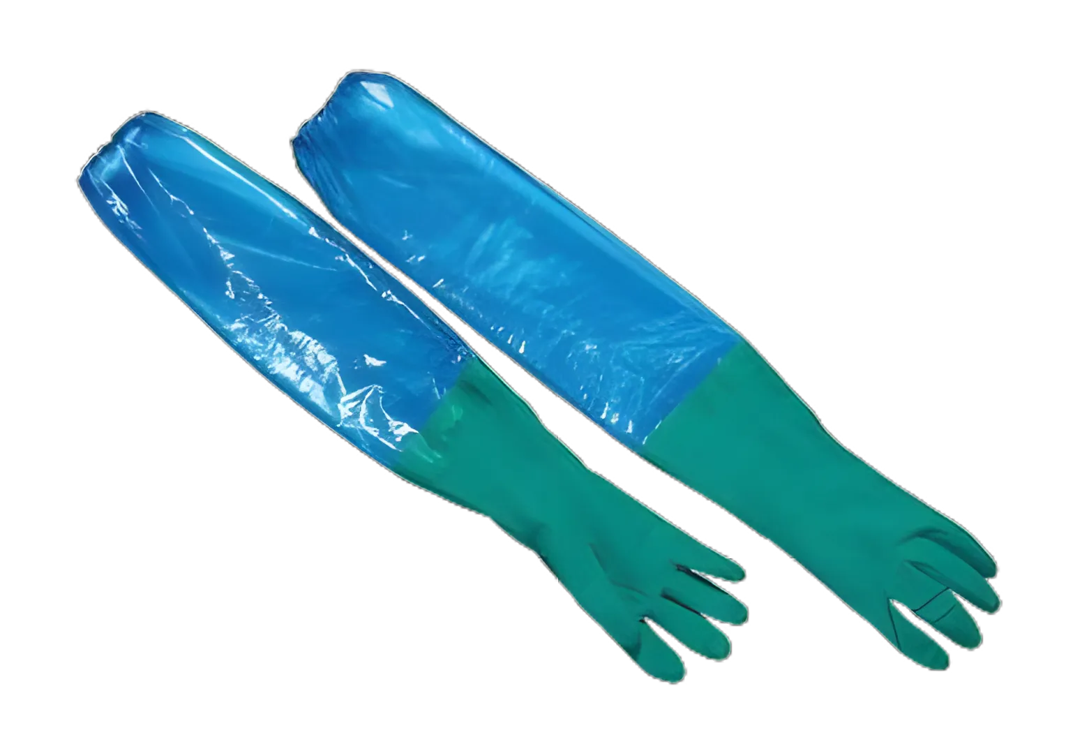Small Nitrile Utility Glove Sleeves 28 Inch with Elastic Cuff - Green/Blue, NonSterile