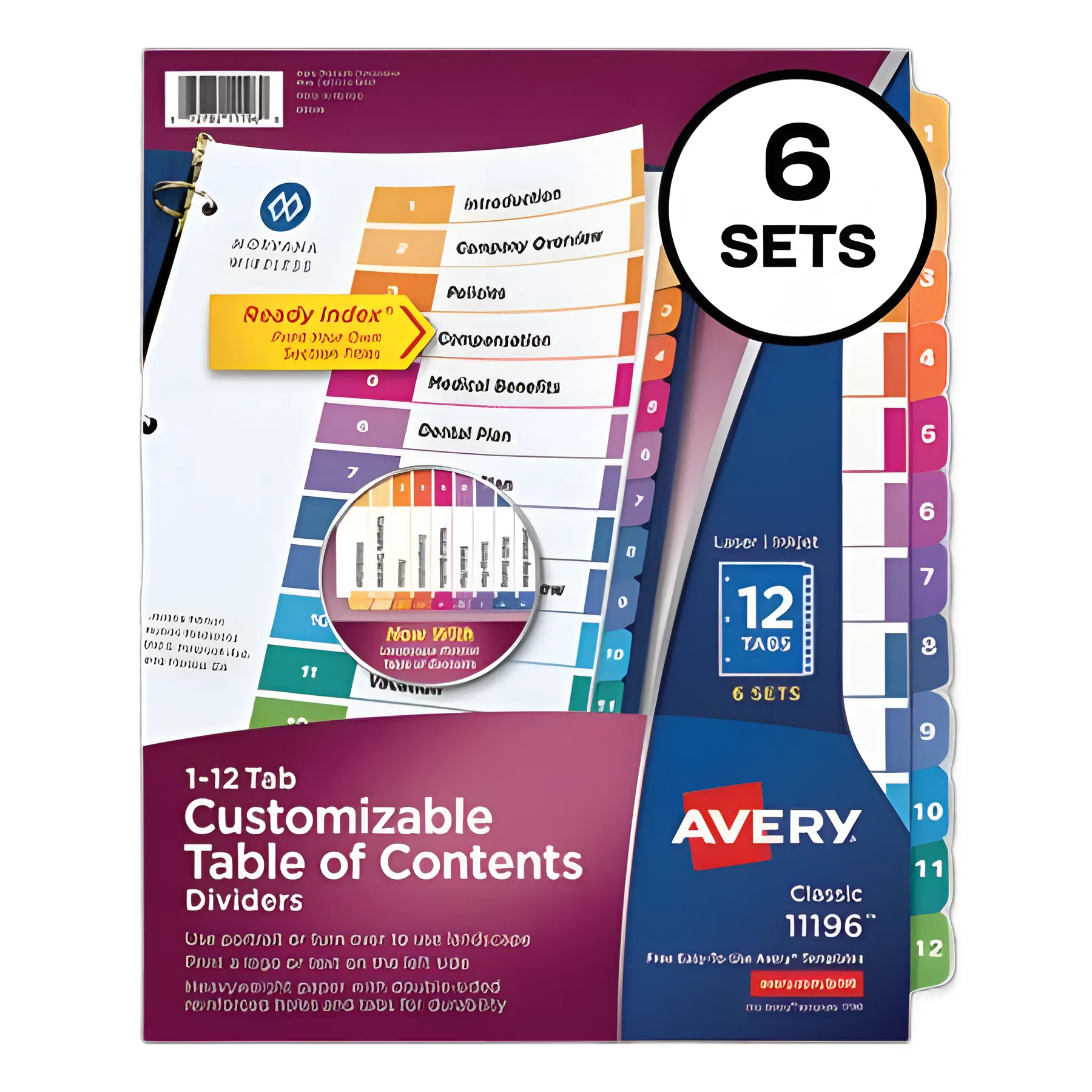 Customizable TOC Ready Index Multicolor Tab Dividers, 12-Tab, 1 to 12, 11 x 8.5, White, Traditional Color Tabs, 6 Sets