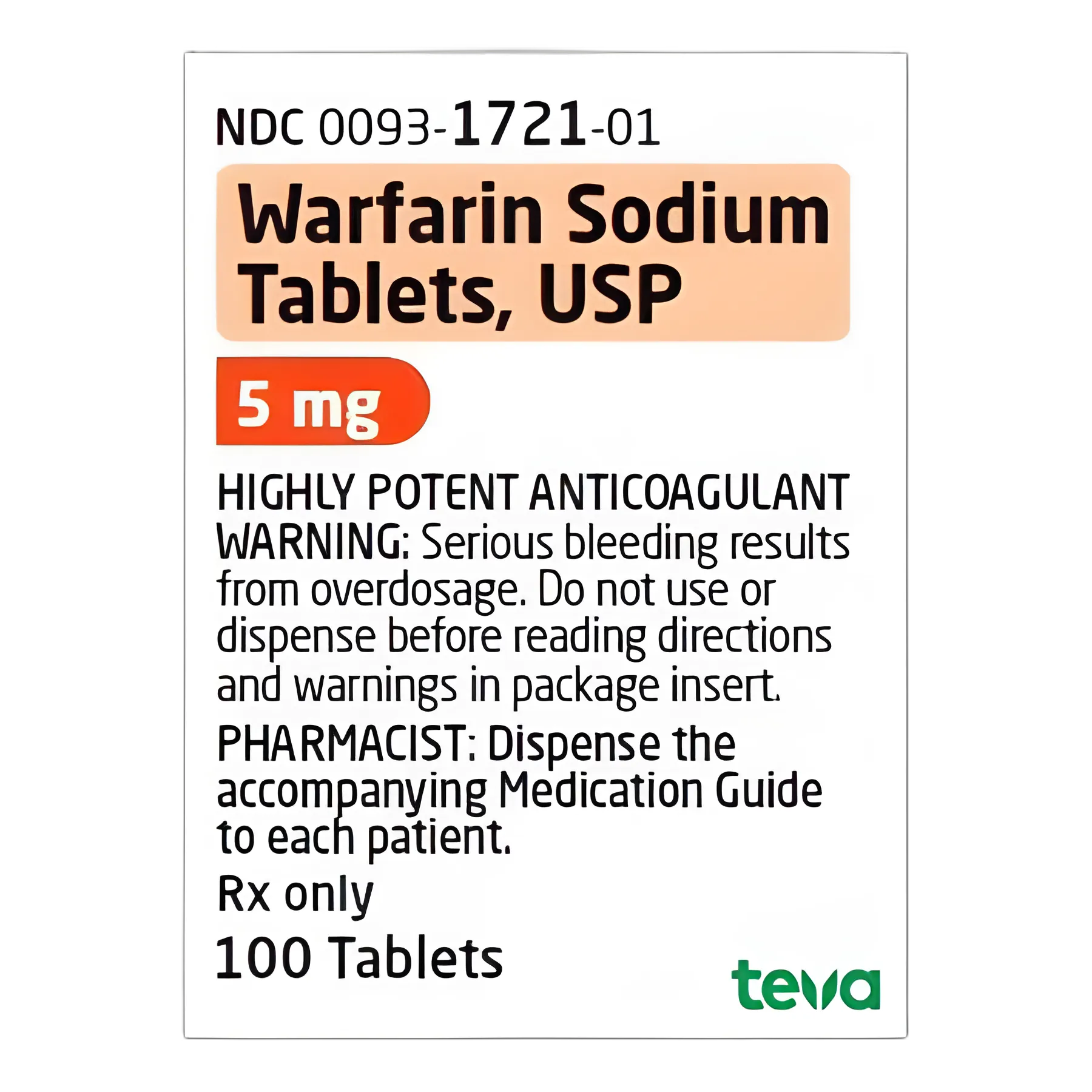 Warfarin Sodium 5 mg Tablet Bottle 100 Tablets - 00093172101