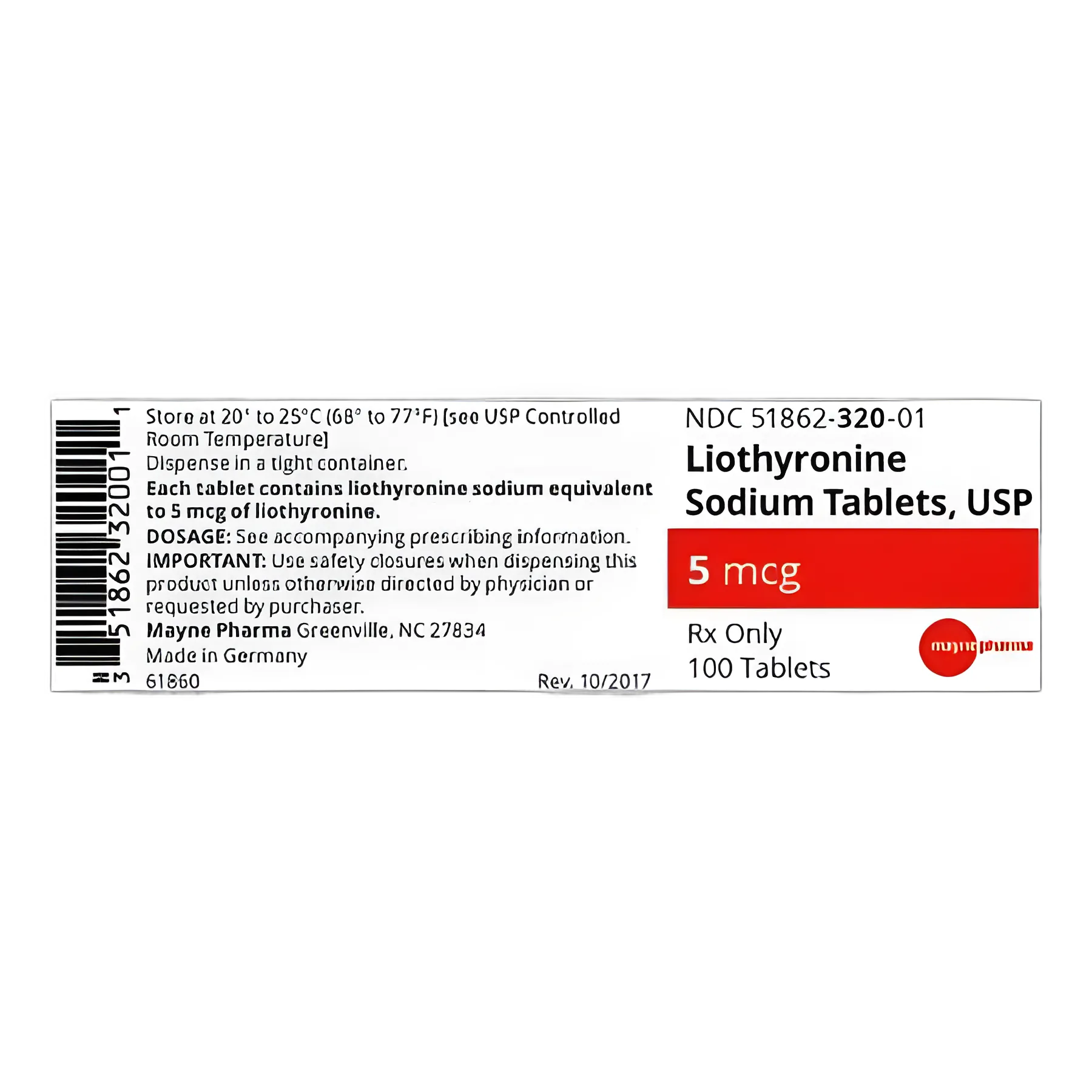 Liothyronine Sodium 5 mcg Tablets by Mayne Pharmaceutical - Thyroid Support Medication, Bottle of 100