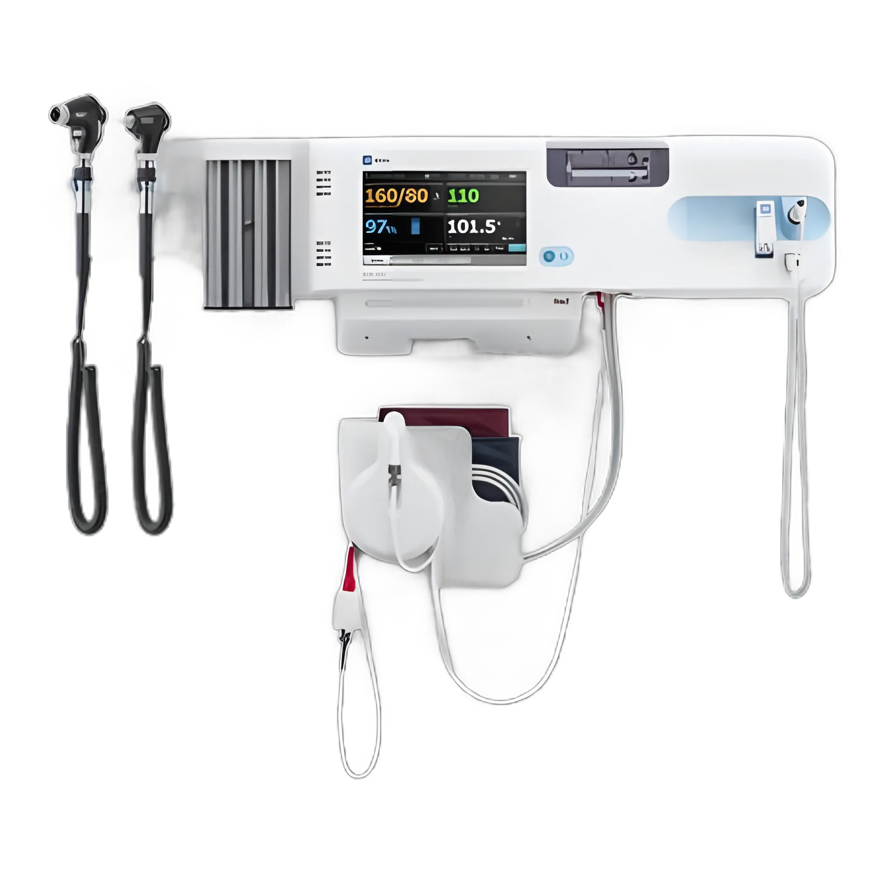 Integrated Wall System Connex® Welch Allyn Connex Integrated Wall System with Nellcor SpO2, SureTemp Plus Thermometry, BP Cuff and Cord Management System, Integrated MacroView Basic LED Otoscope and PanOptic Basic LED Ophthalmoscope, SureBP Non-invasive Blood Pressure, Pulse Rate