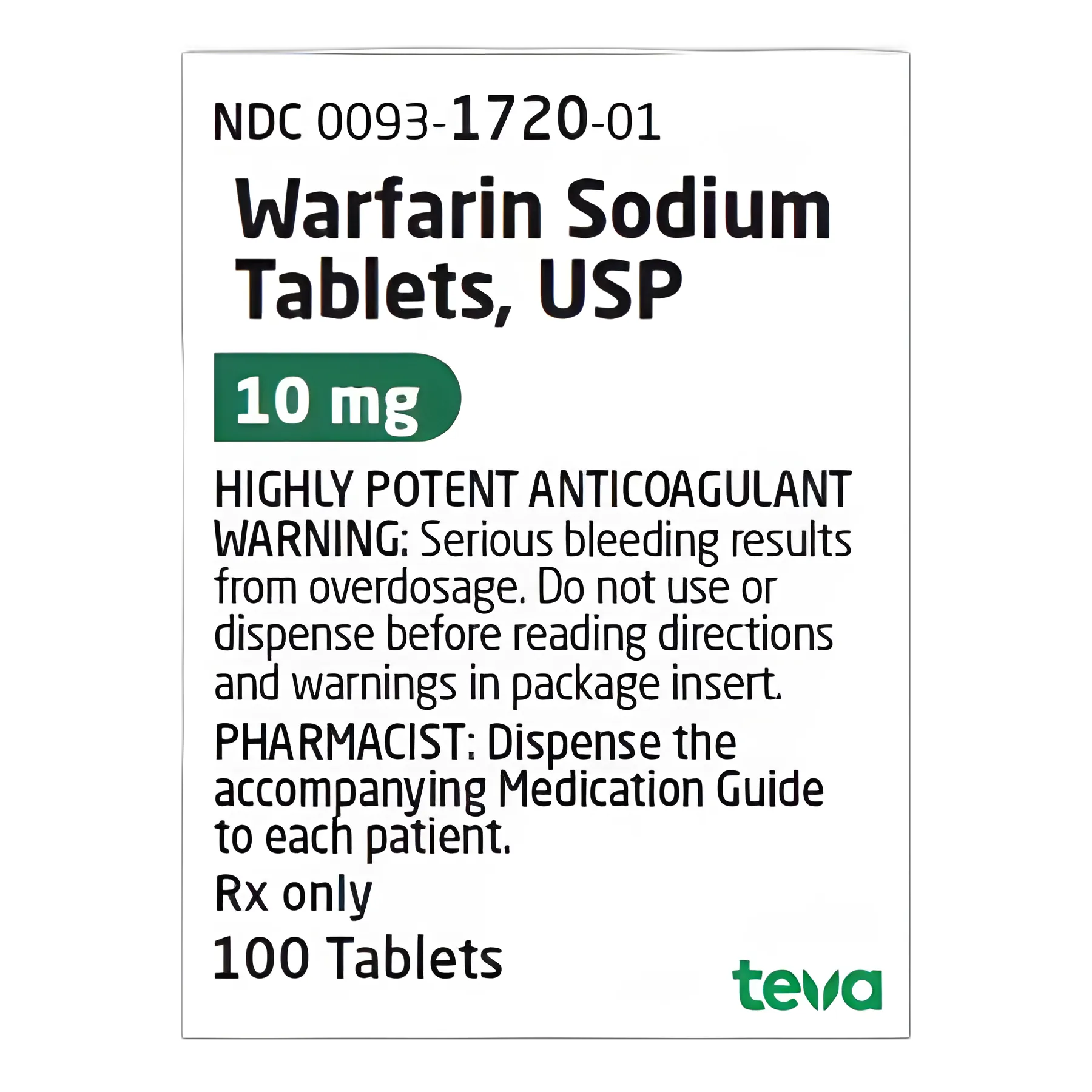 Warfarin Sodium 10 mg Tablets by Teva - 100 Count Bottle