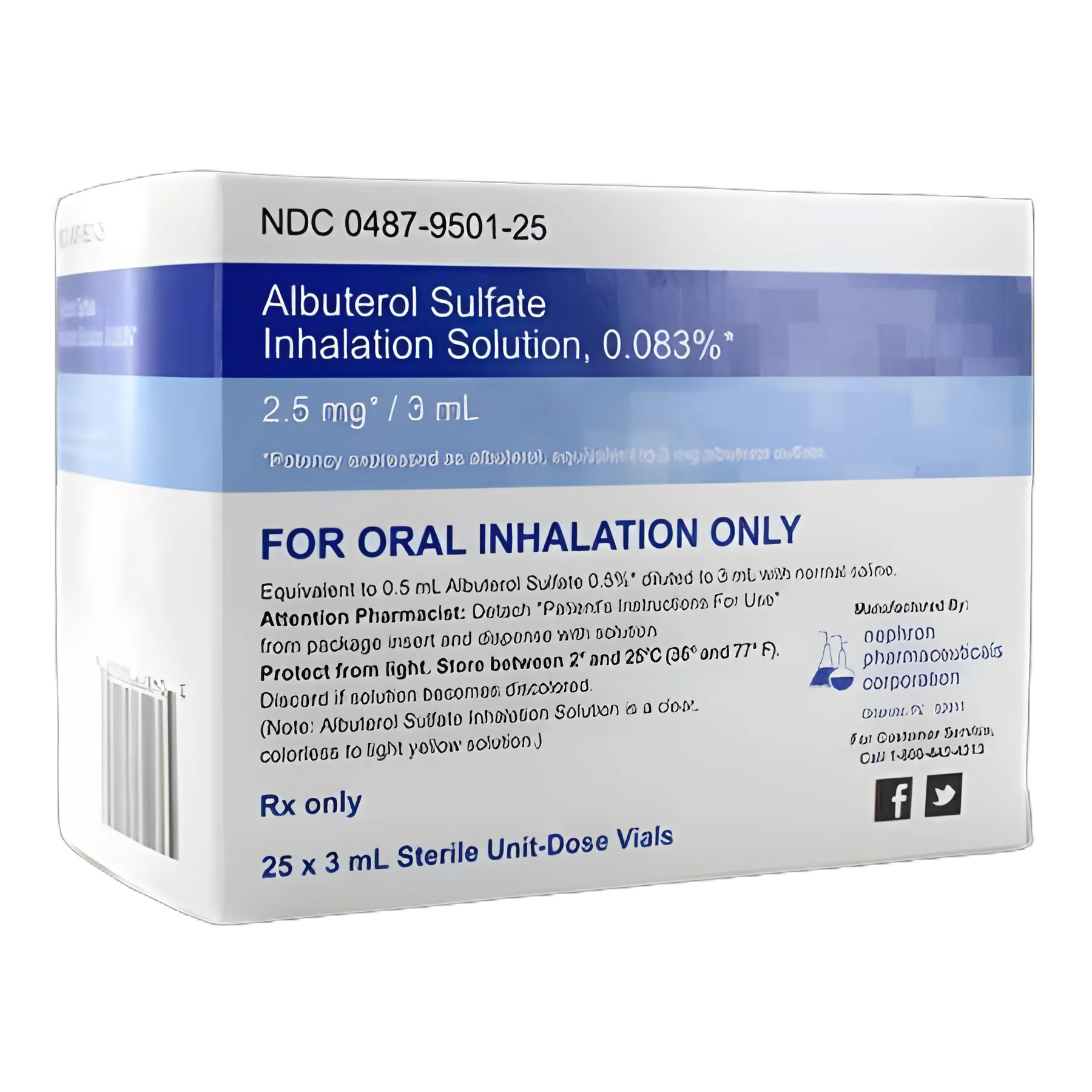 Albuterol Sulfate, Preservative Free 0.083%, 2.5 mg / 3 mL Solution Nebulizer Vial 25 Vials - 00487950125