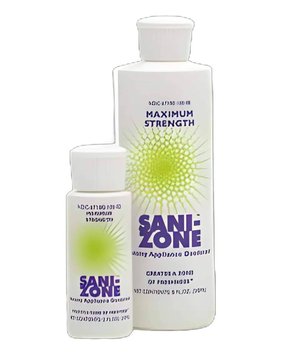 Ostomy Appliance Deodorant Sani-Zone™ 8 oz., Liquid State, Fragrant Odor, Clear Pale Yellow Color, 94°F Flash Point, 0.98 to 0.99 Specific Gravity
