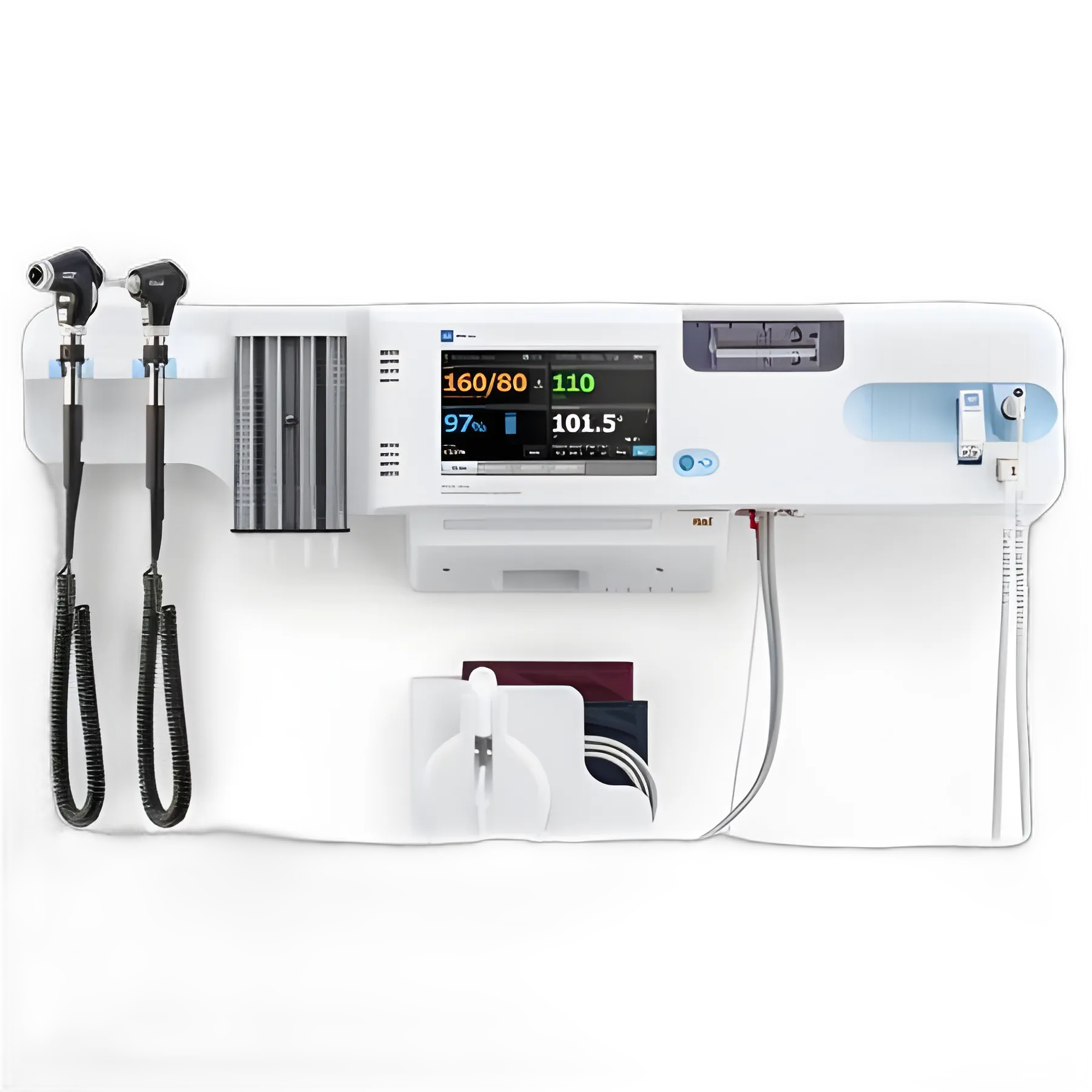 Integrated Wall System Connex® Welch Allyn Connex Integrated Wall System with Masimo SpO2, SureTemp Plus Thermometry, Braun ThermoScan PRO 6000 Thermometry, BP Cuff and Cord Management System, Integrated MacroView Basic LED Otoscope and PanOptic Basic LED Ophthalmoscope,