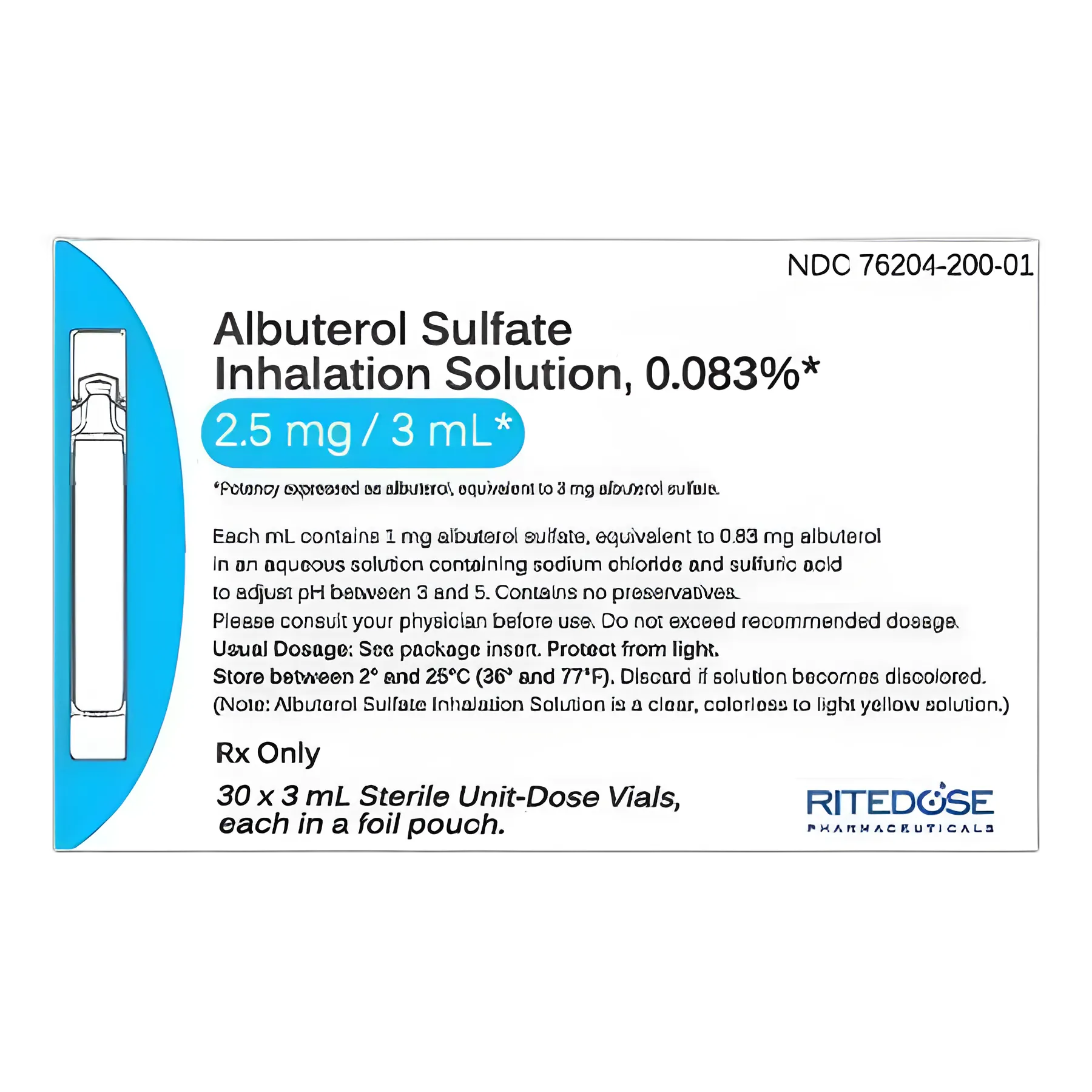Albuterol Sulfate 0.083% Solution for Nebulization - Preservative Free, 2.5 mg / 3 mL Vial, 30 Pack by Ritedose Pharmaceuticals