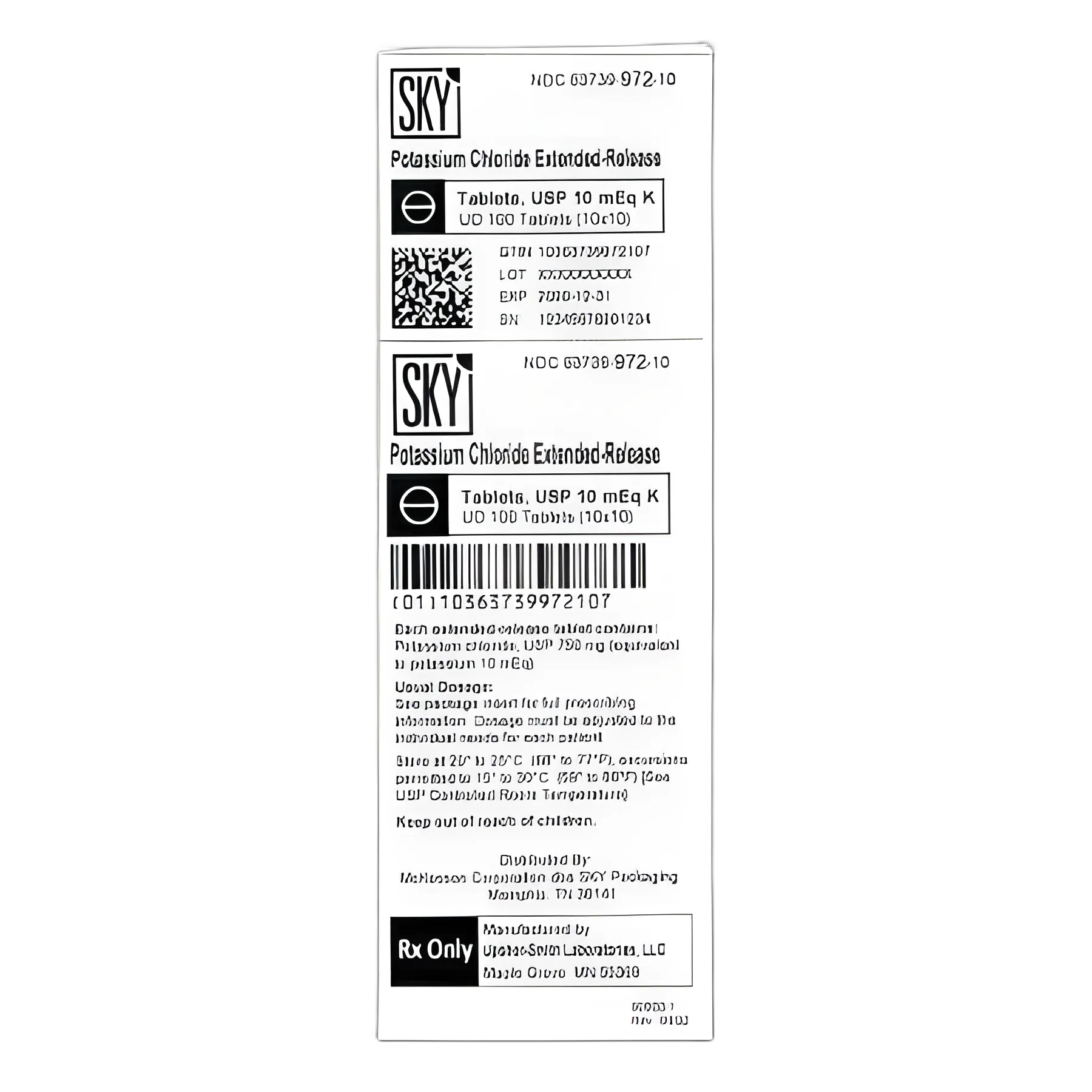 Replacement Preparation Potassium Chloride 10 mEq Tablet Blister Pack 100 Tablets - 63739097210