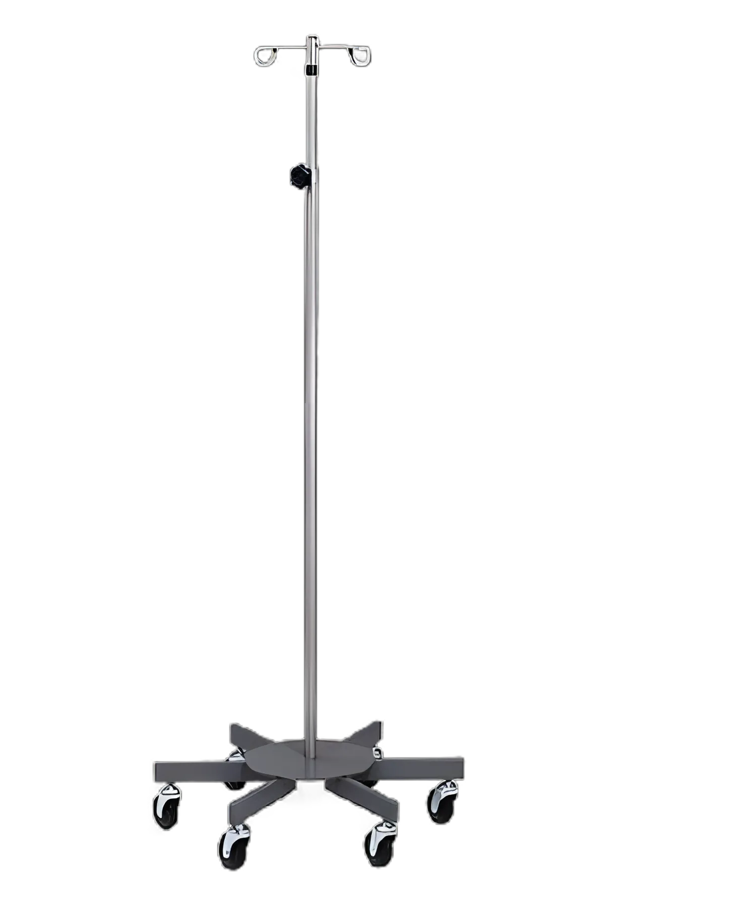 IV Pole Ram Horn Hooks 2-Hook 6-Legs Epoxy Coated Base, 3 Inch Rubber Wheel Ball Bearing Casters, 26 Inch Base Diameter