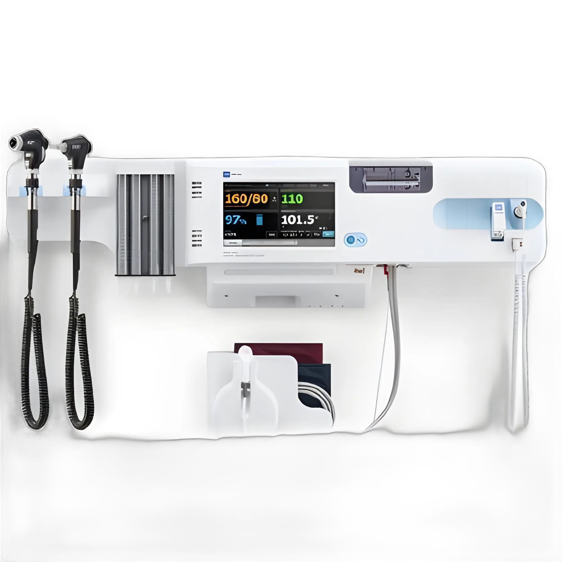 Integrated Wall System Connex® Welch Allyn Connex Integrated Wall System with Nellcor SpO2, SureTemp Plus Thermometry, Braun ThermoScan PRO 6000 Thermometry, BP Cuff and Cord Management System, Integrated MacroView Basic LED Otoscope and PanOptic Basic LED Ophthalmoscope, SureBP Non-invasive Blood Pressure, Pulse Rate