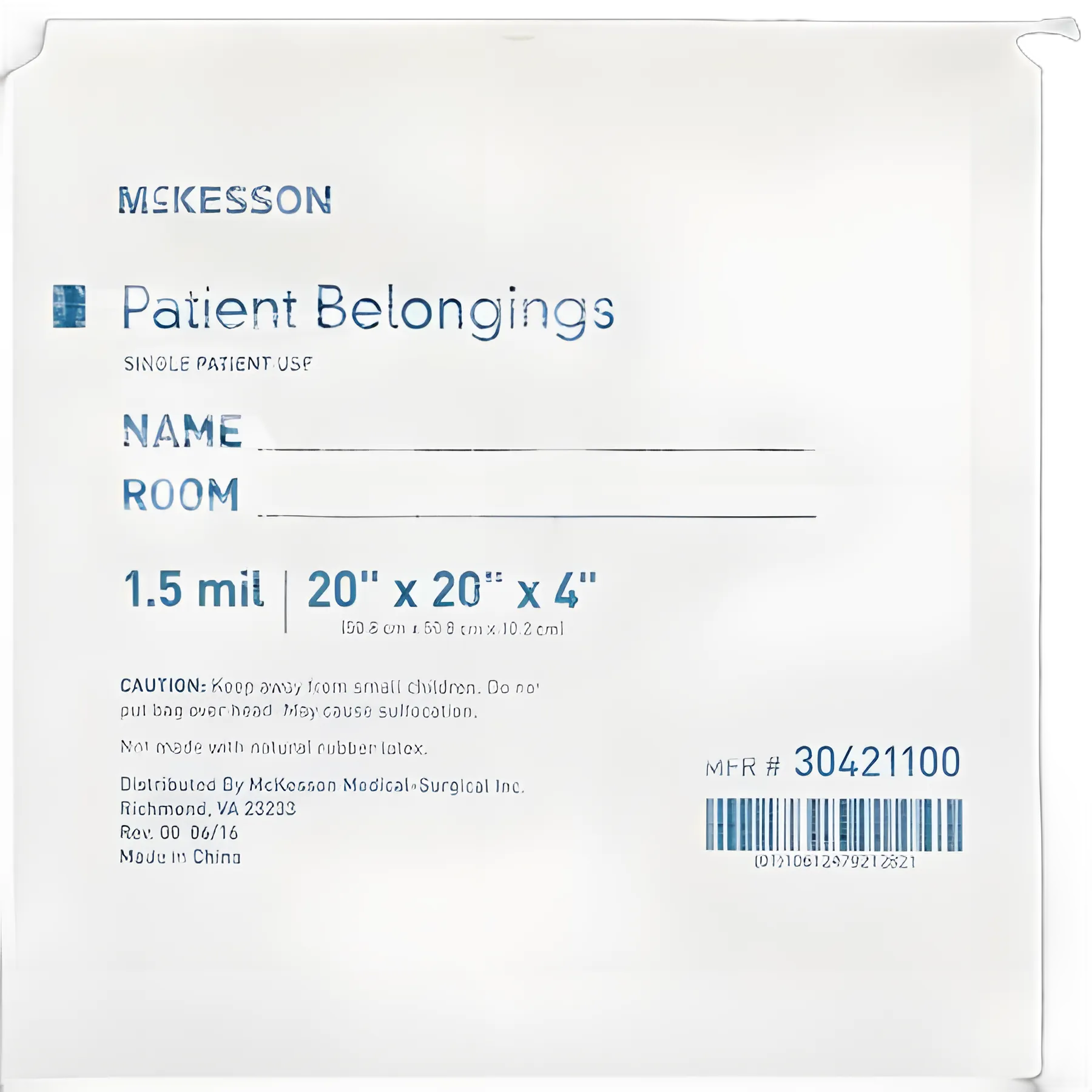 Patient Belongings Bag McKesson 4 X 20 X 20 Inch Polyethylene Drawstring Closure White