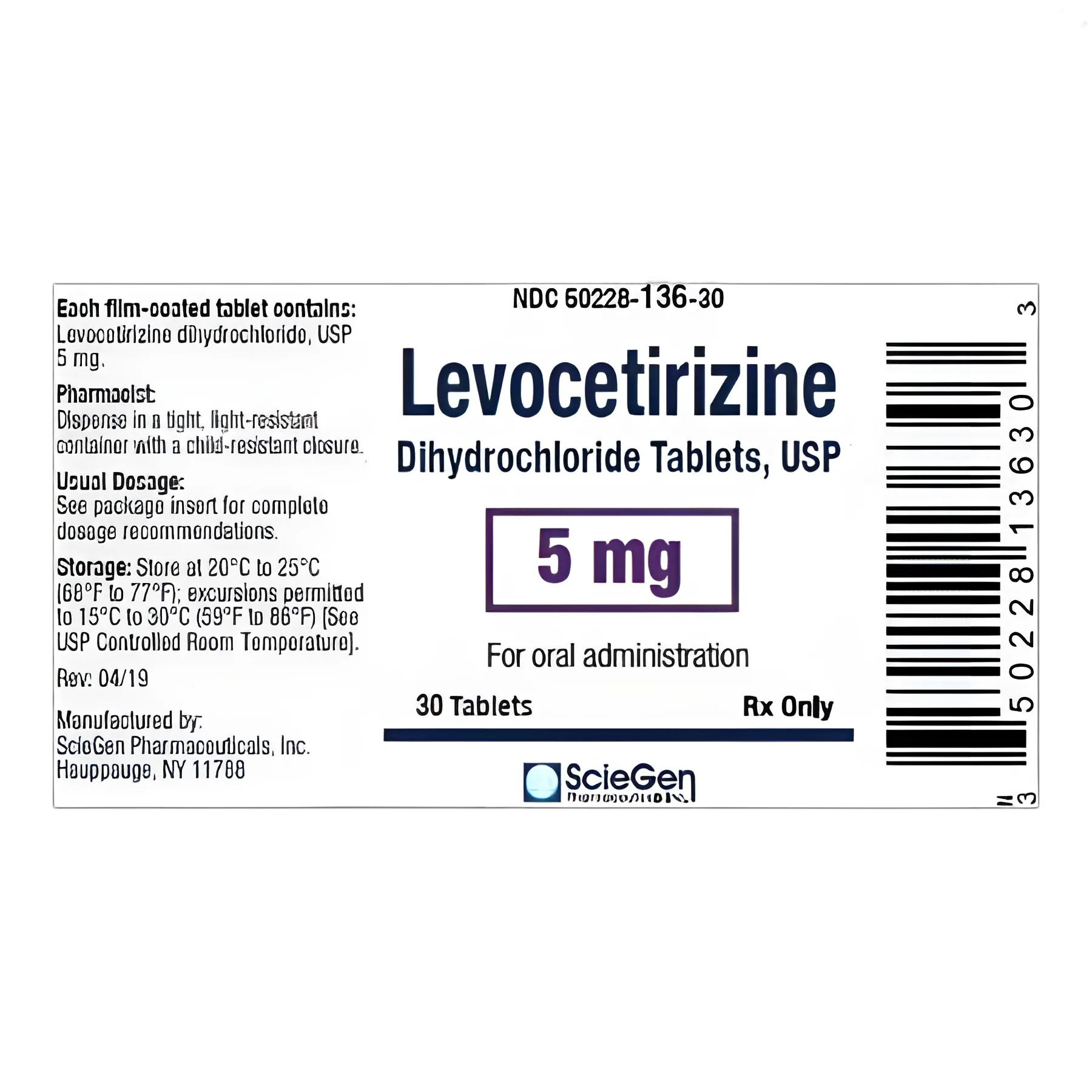 Levocetirizine Dihydrochloride 5 mg Antihistamine Tablets - 30 Count Bottle