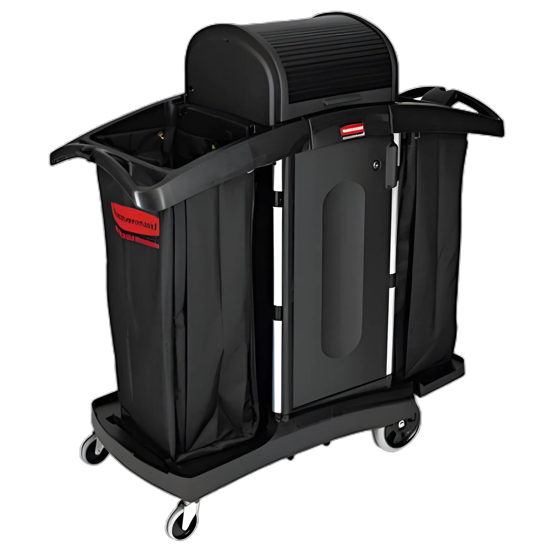 High-Security Housekeeping Cart, Plastic, 3 Shelves, 2 Bins, 22" x 51.75" x 53.5", Black/Silver